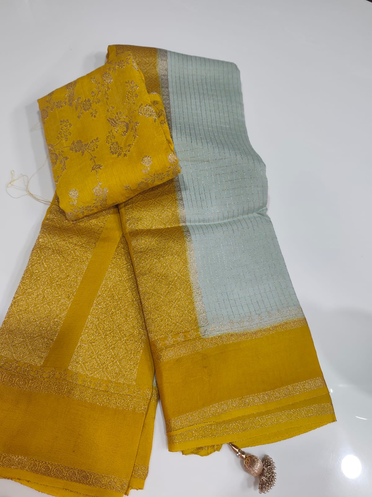 Exclusive banaras crepe silk sarees with checkered weaving gap borders and rich unstitched banaras blouse