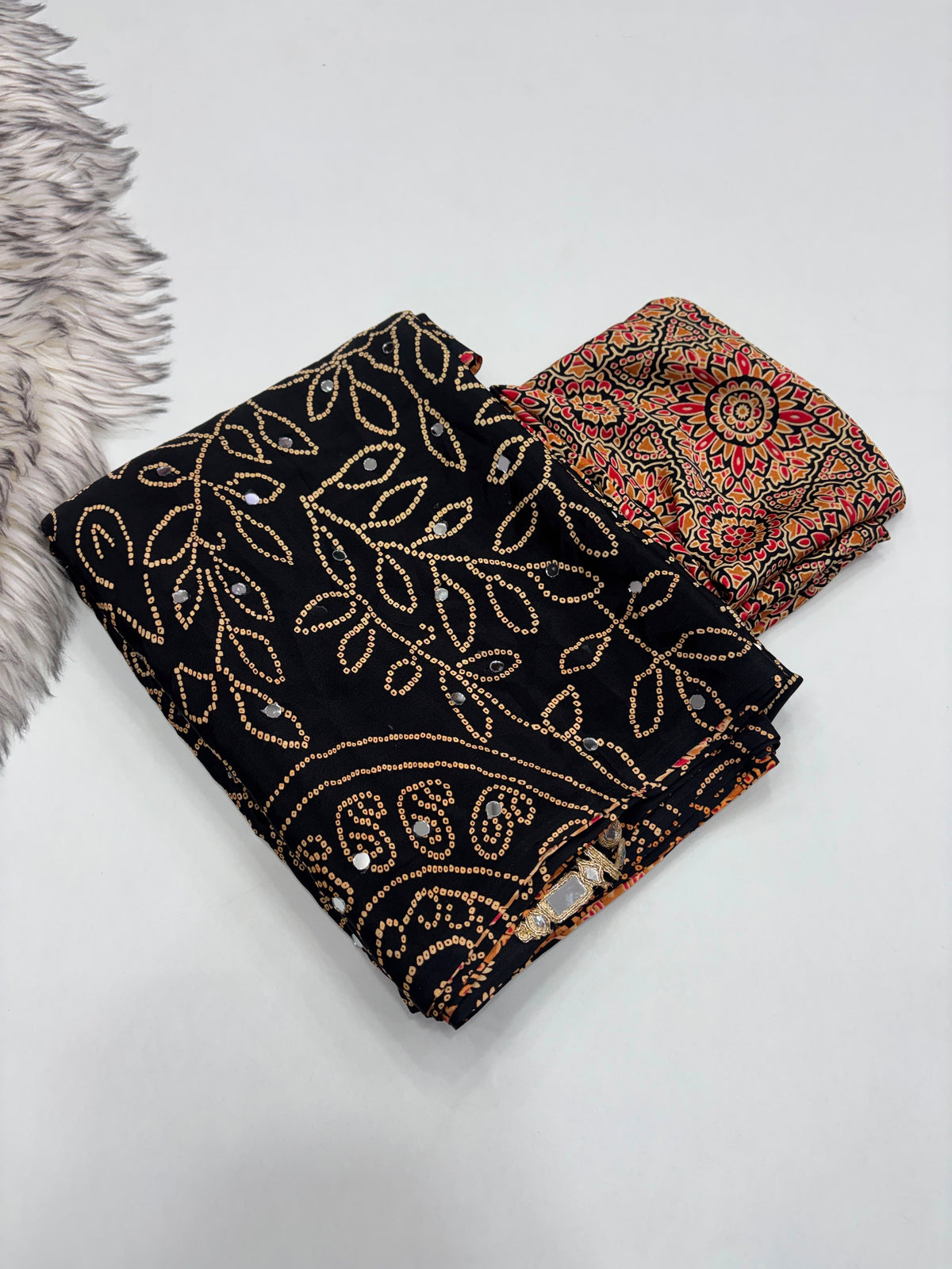 Fancy bandini ajrakh silk sarees with mirrors allover
