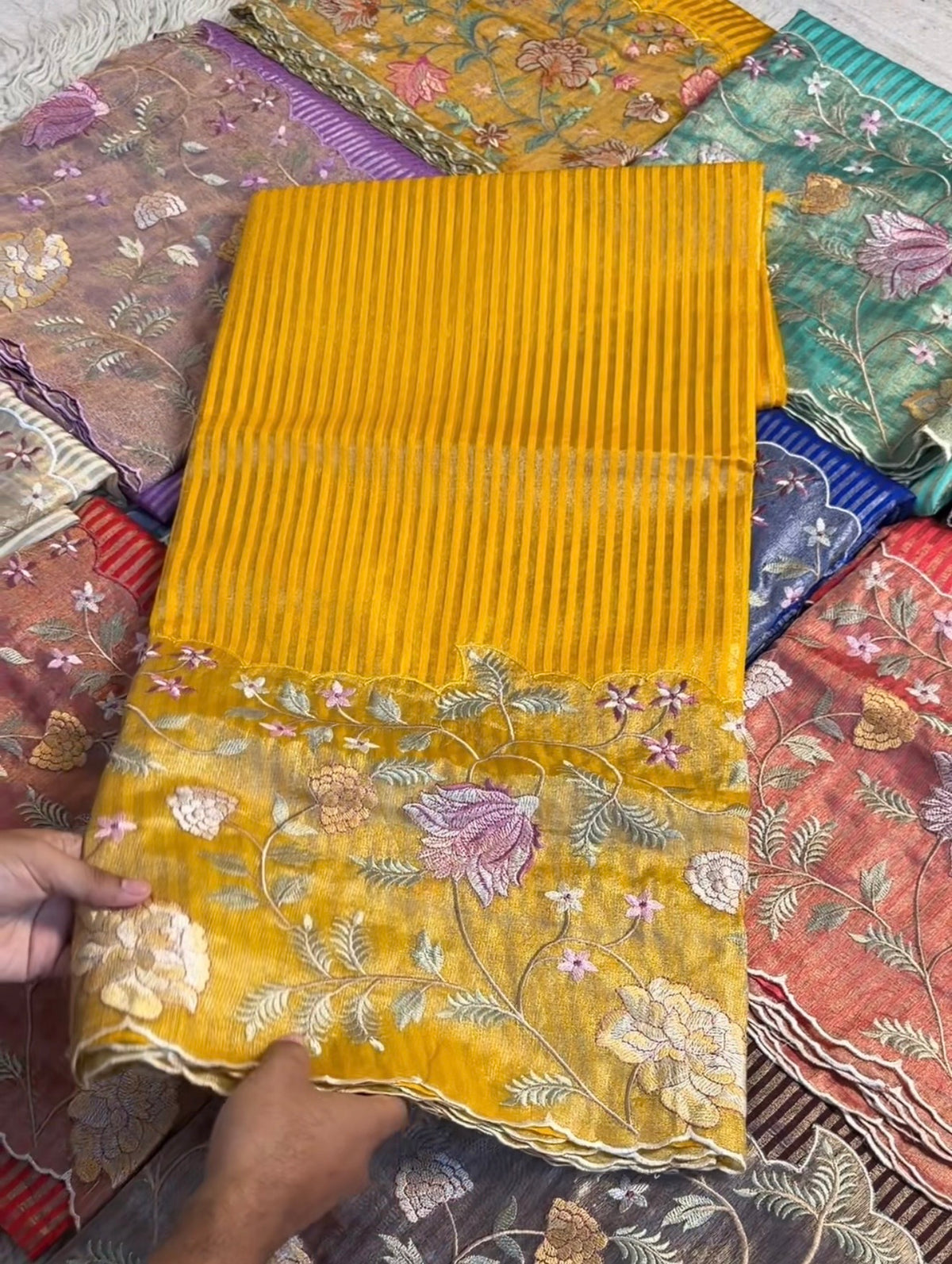 Exclusive banaras tissue stripes sarees with applique scalloped embroidery