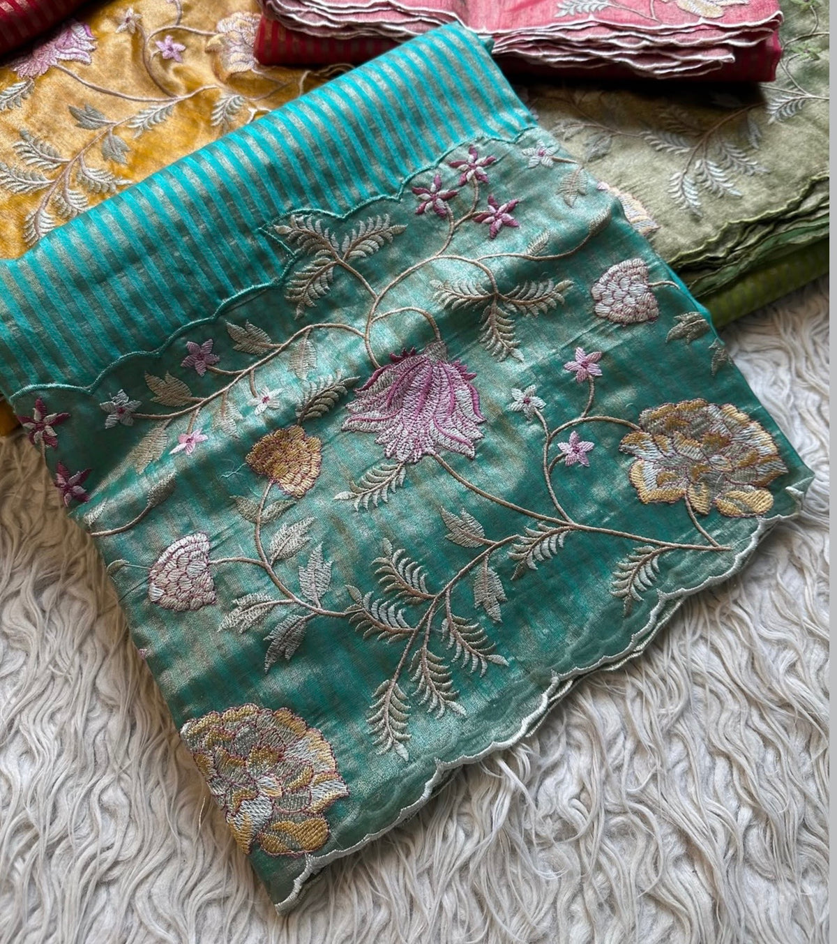 Exclusive banaras tissue stripes sarees with applique scalloped embroidery
