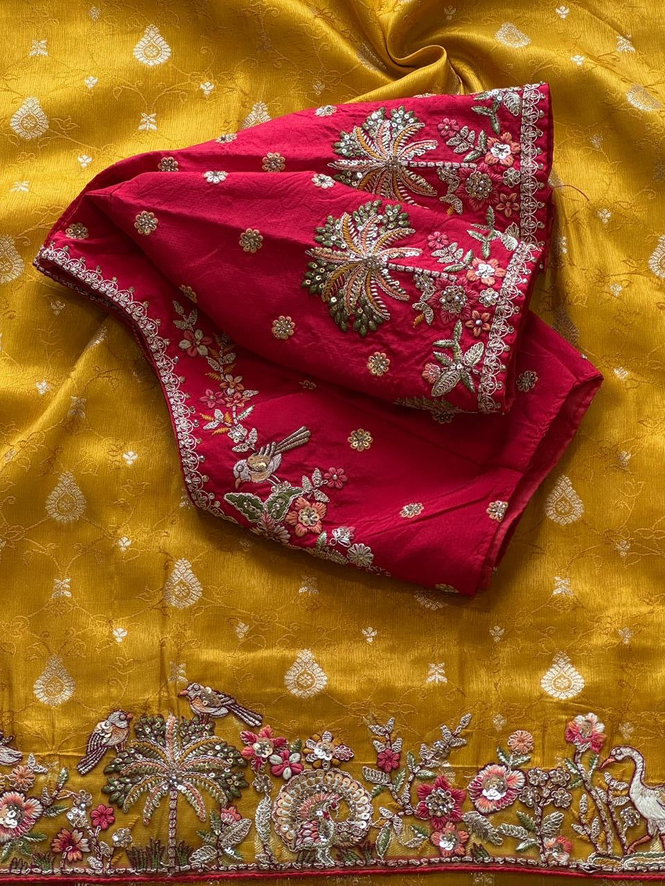 Designed munga silk sarees with intricate embroidery and fully stitched blouse