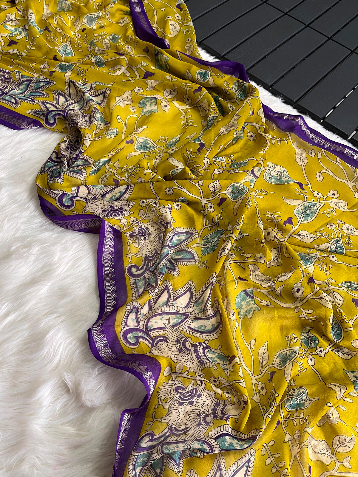Kalamkari soft silk saree with unique combination unstitched blouse