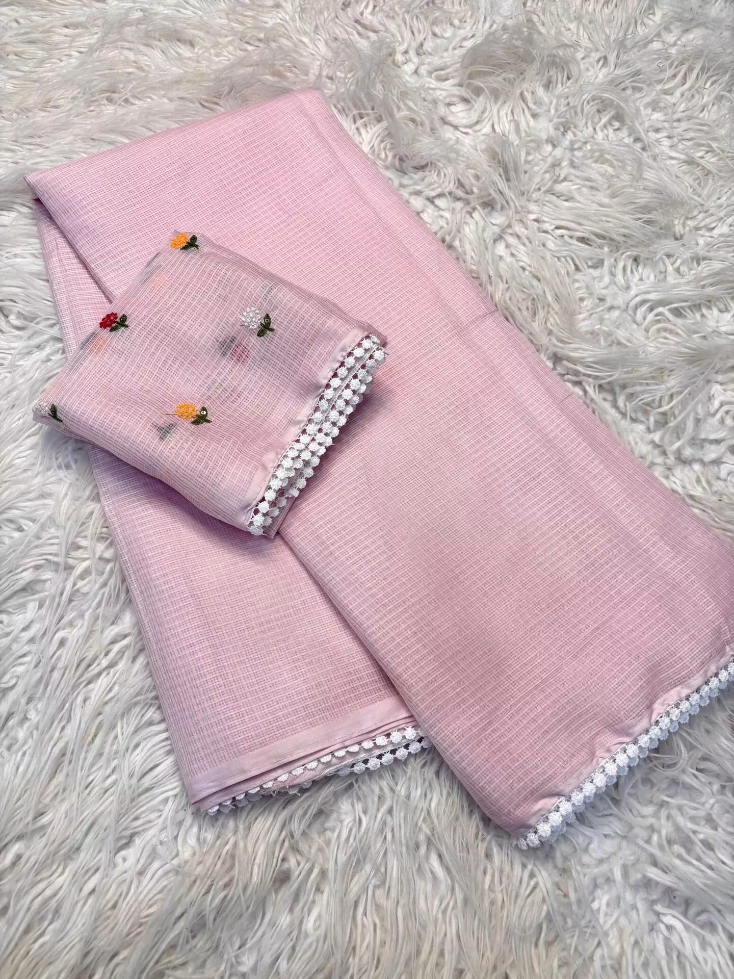 Kota sarees with beautiful scalloped crochet edging and rich embroidery blouse