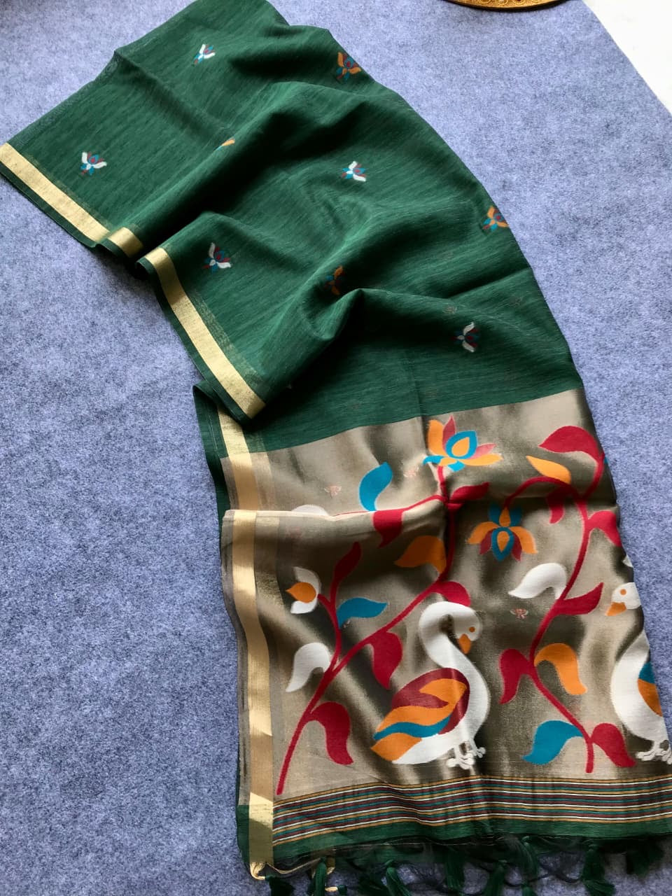 Fancy linen jamdani silk sarees with paithani pallu