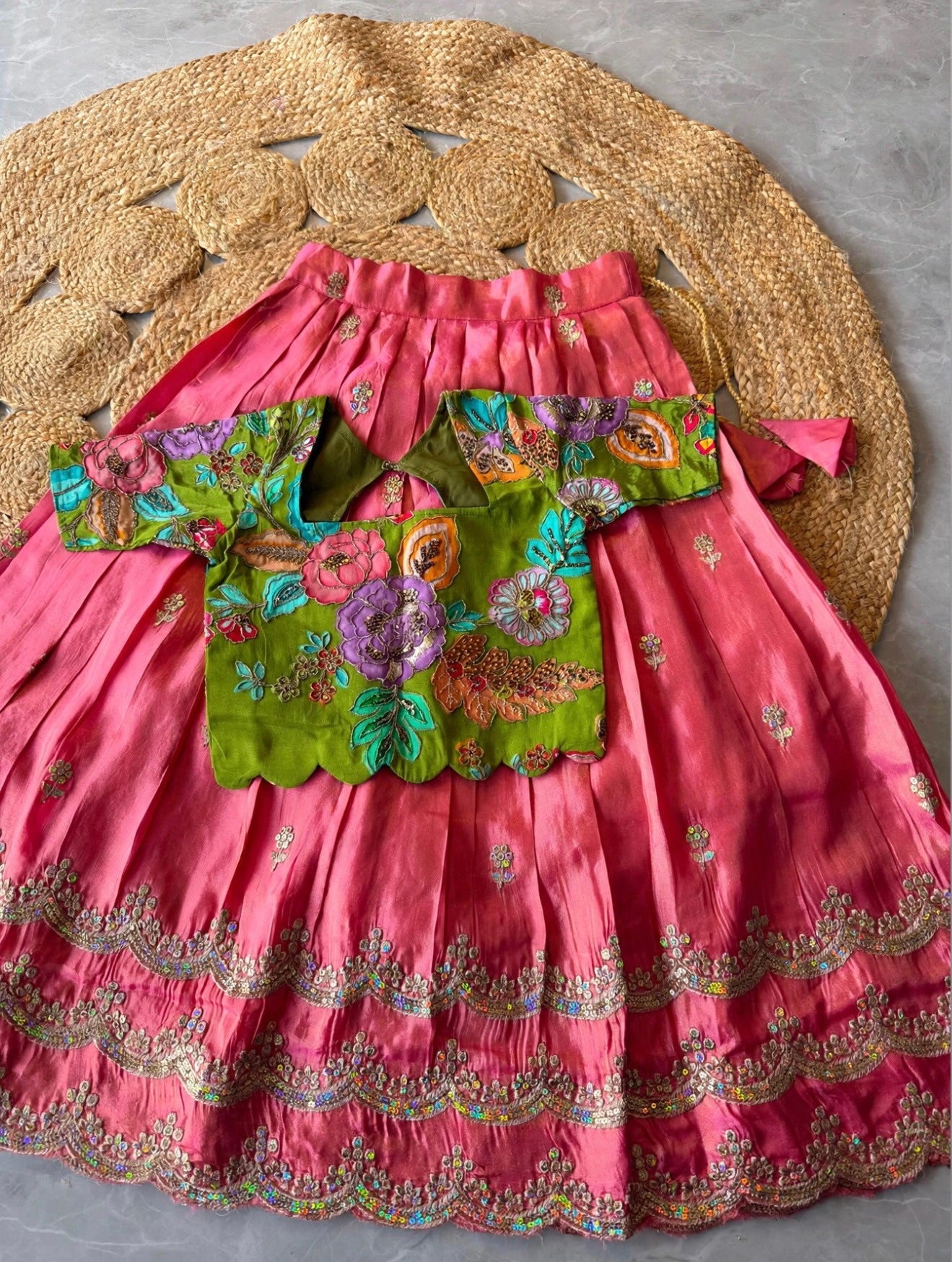 Kids fully stitched tissue silk lehangas with scalloped embroidery and designer blouse (1-16 years )
