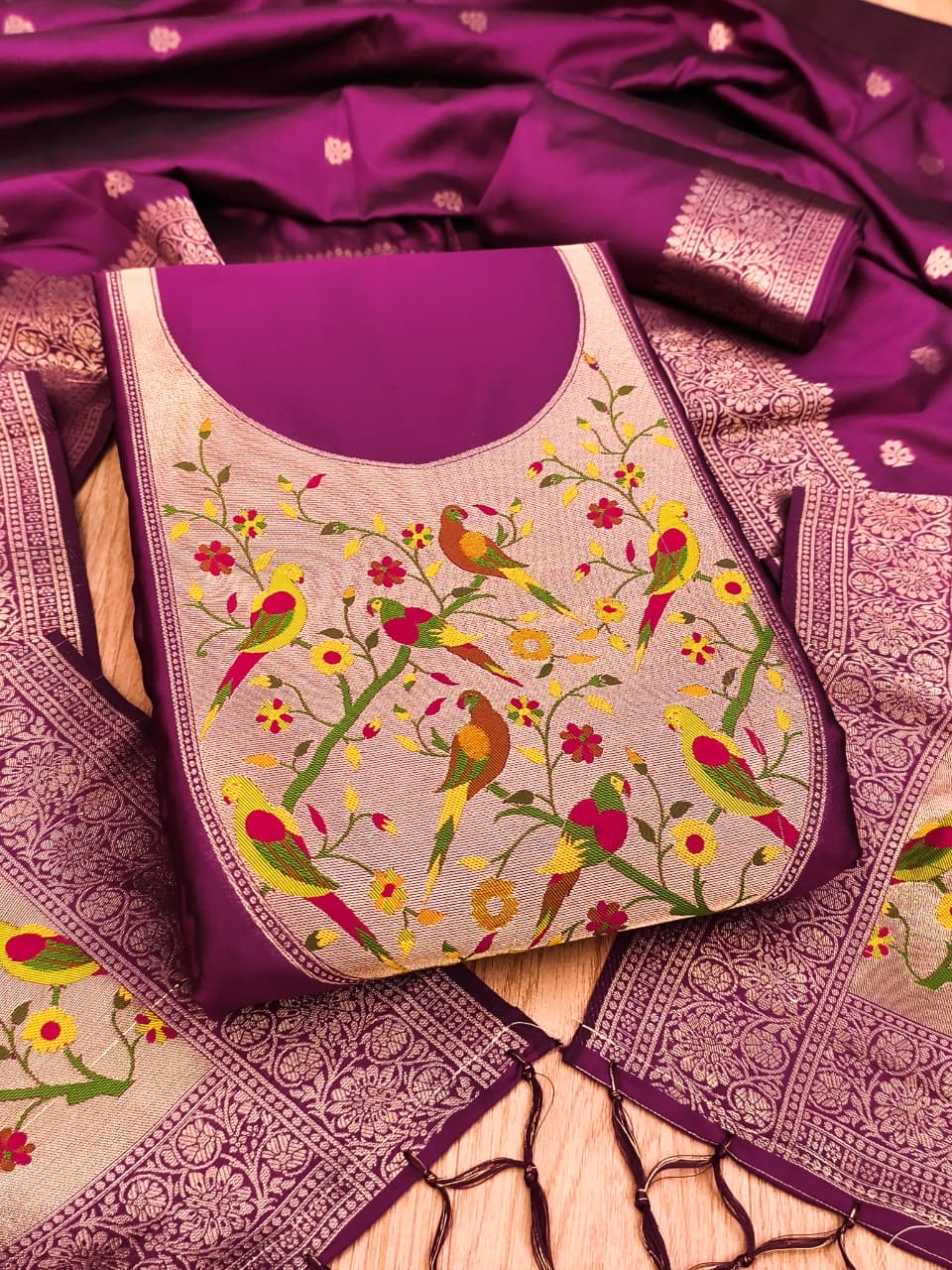 Fancy paithani 3 piece unstitched dress materials