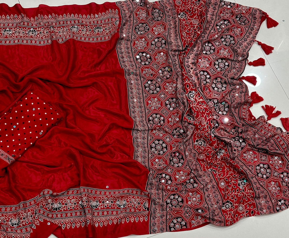 Fancy ajrakh crepe silk saree with mirrors