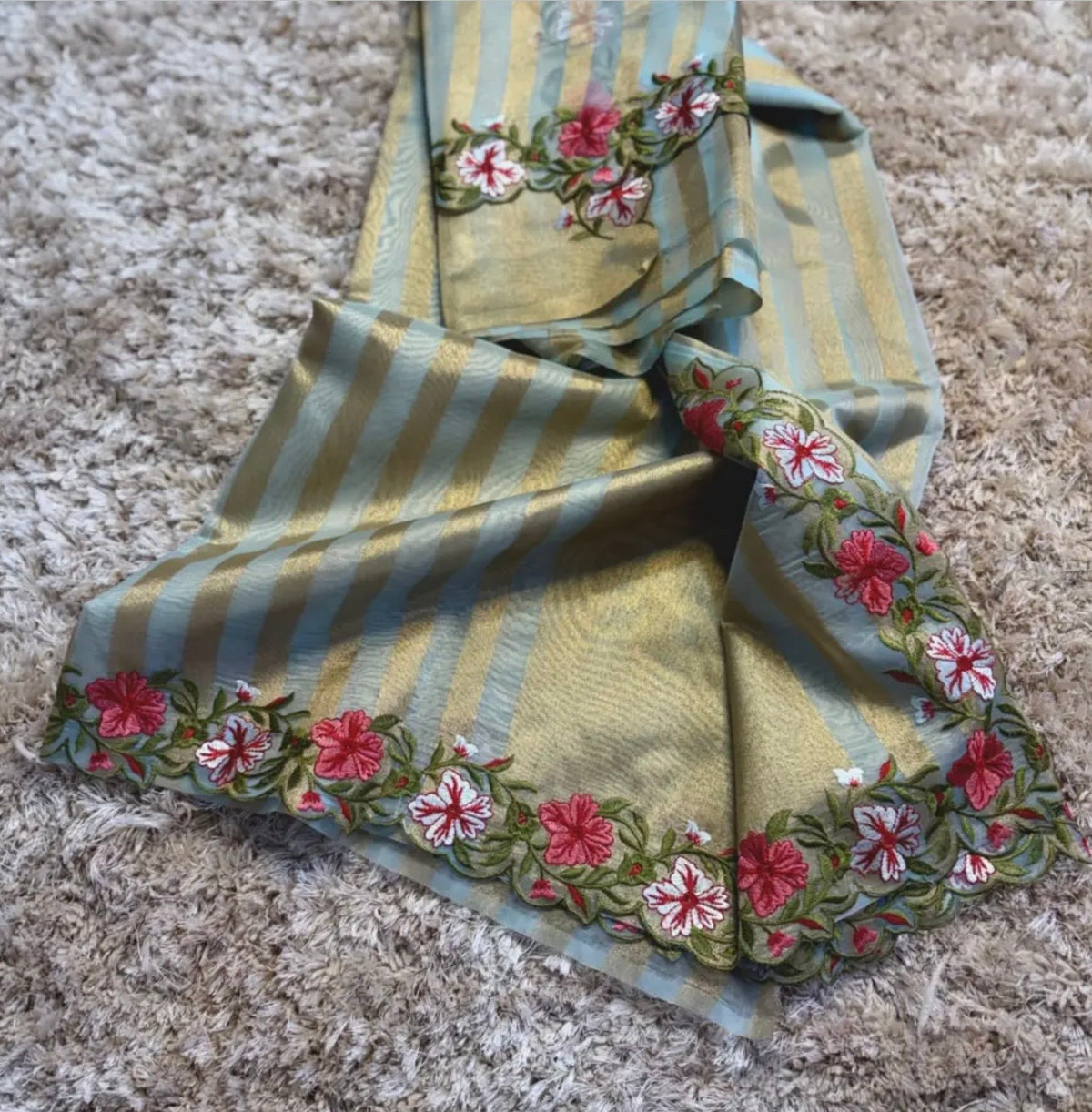 Banaras stripes sarees with scalloped embroidery
