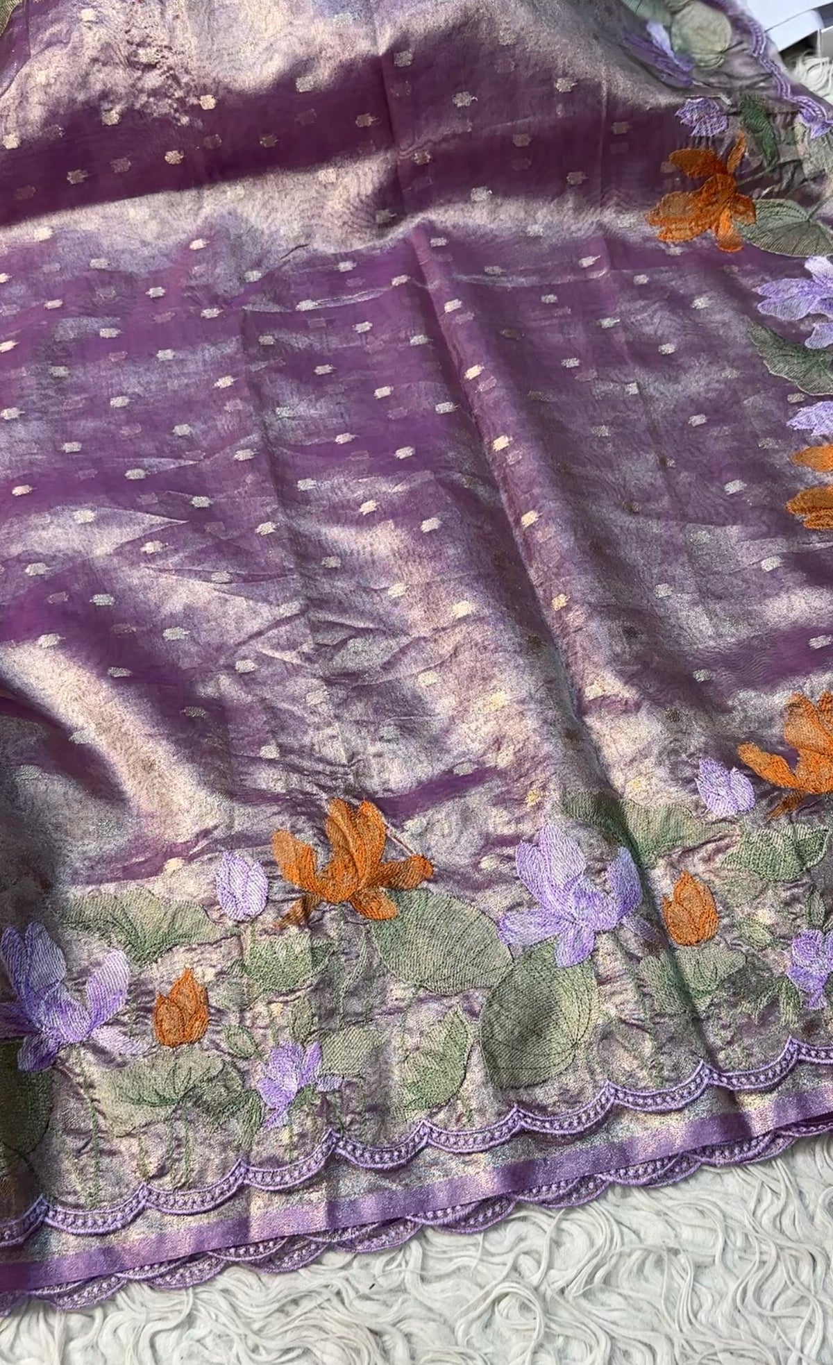 Banaras tissue silk sarees with scalloped applique embroidery
