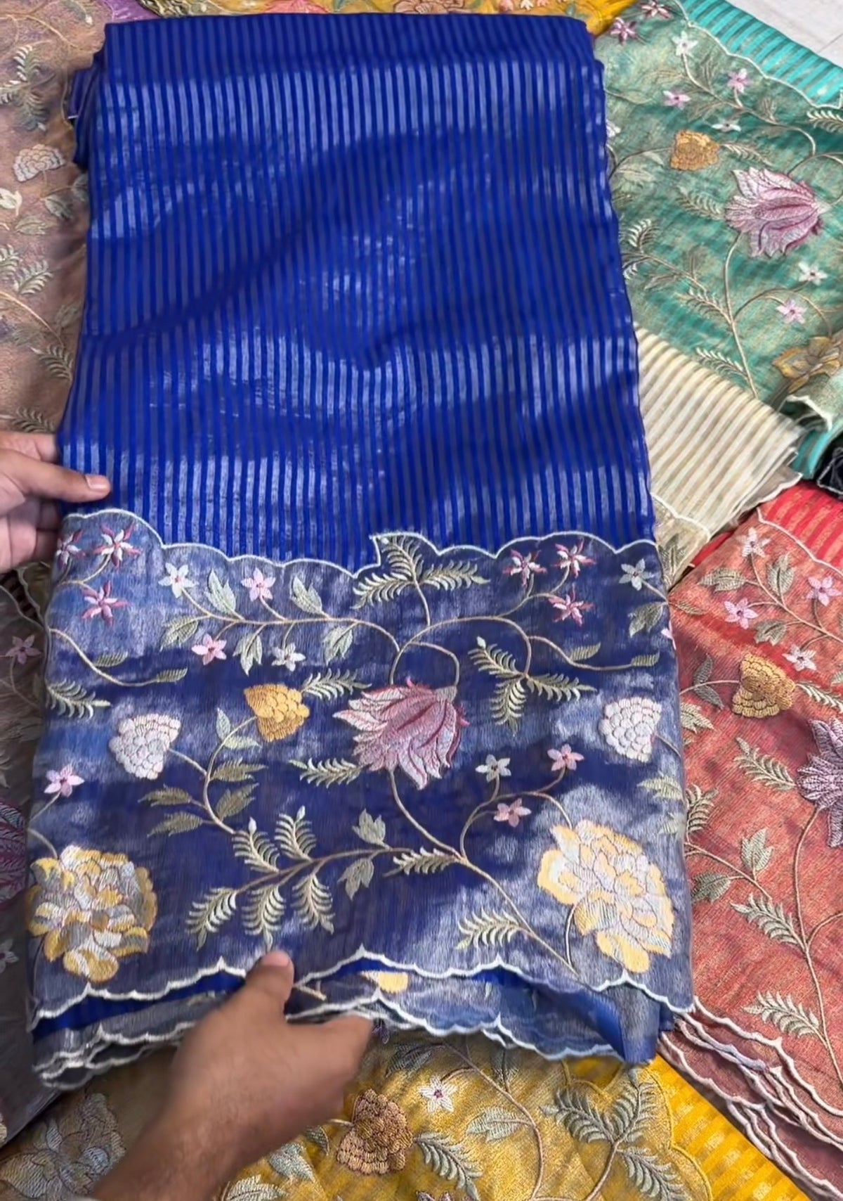 Exclusive banaras tissue stripes sarees with applique scalloped embroidery