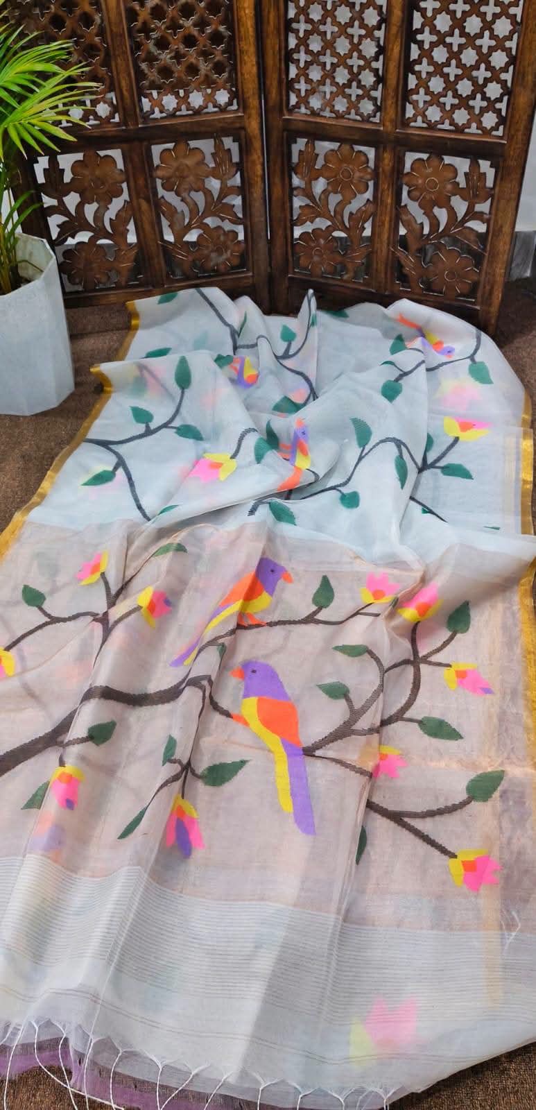 Pure muslin jamdani silk sarees with allover weaving paithani pallu