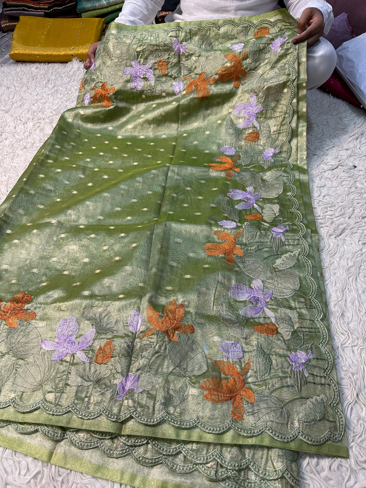 Banaras tissue silk sarees with scalloped applique embroidery