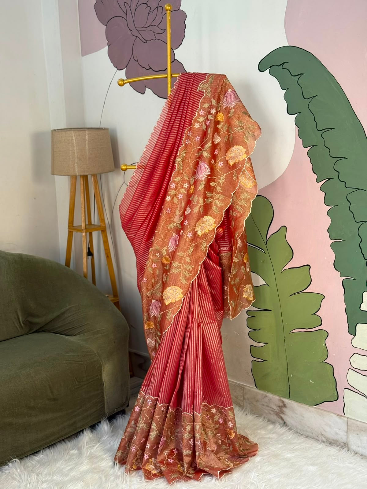 Banaras kora stripes saree with tissue borders and rich embroidery unstitched blouse