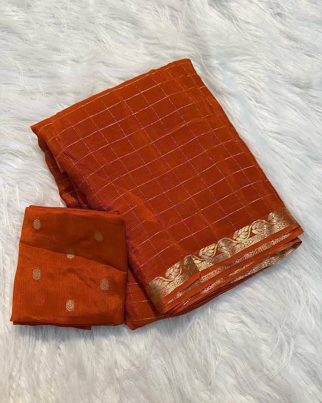 Chinnon sarees with checkered weaving and rich blouse