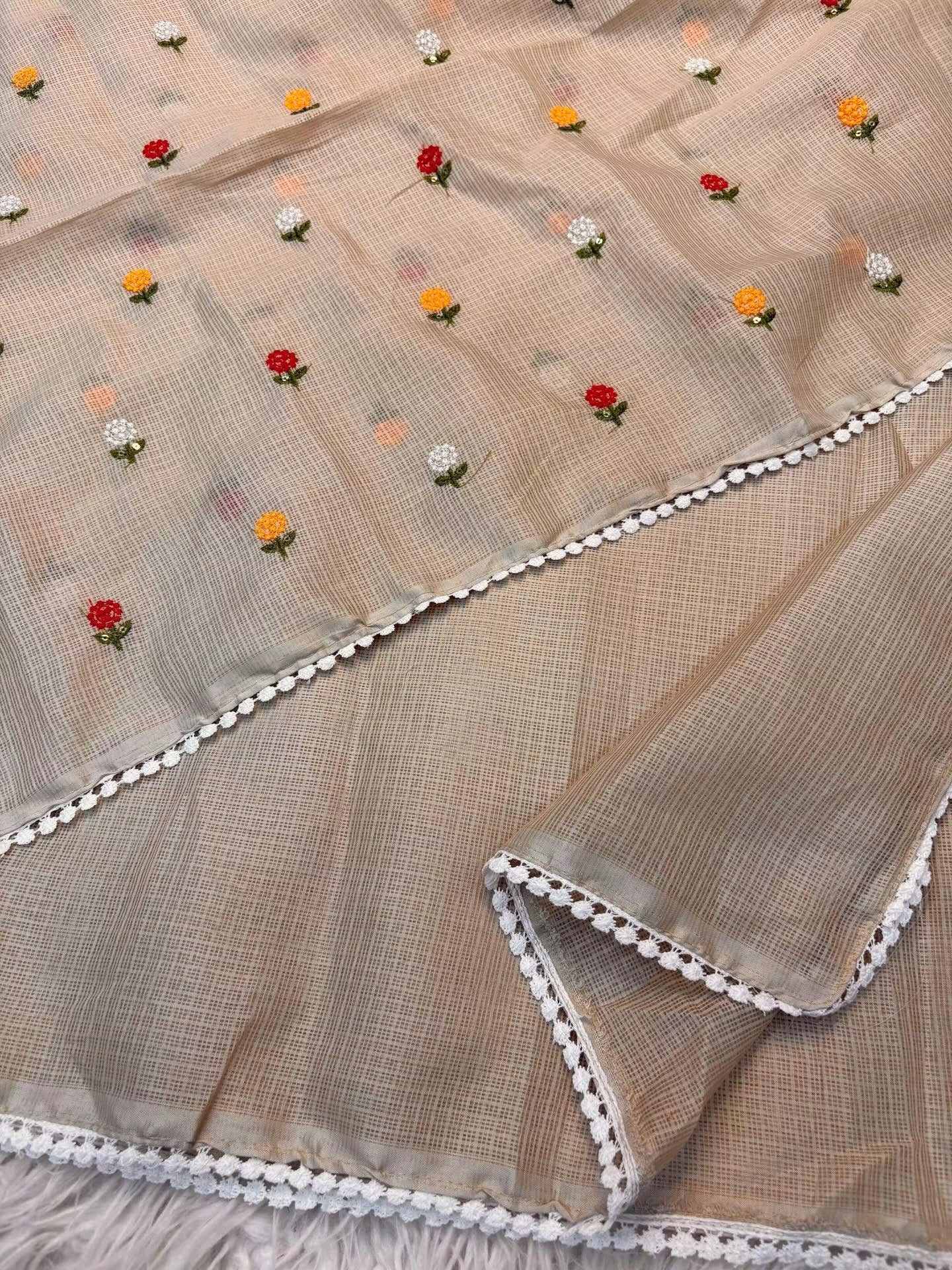 Kota sarees with beautiful scalloped crochet edging and rich embroidery blouse