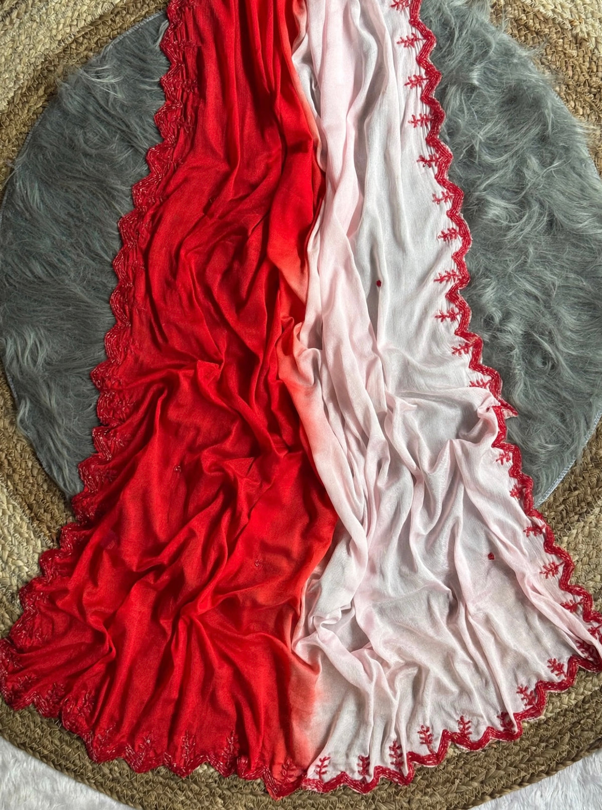 Shaded chinnon sarees with scalloped handwork borders and rich blouse handwork