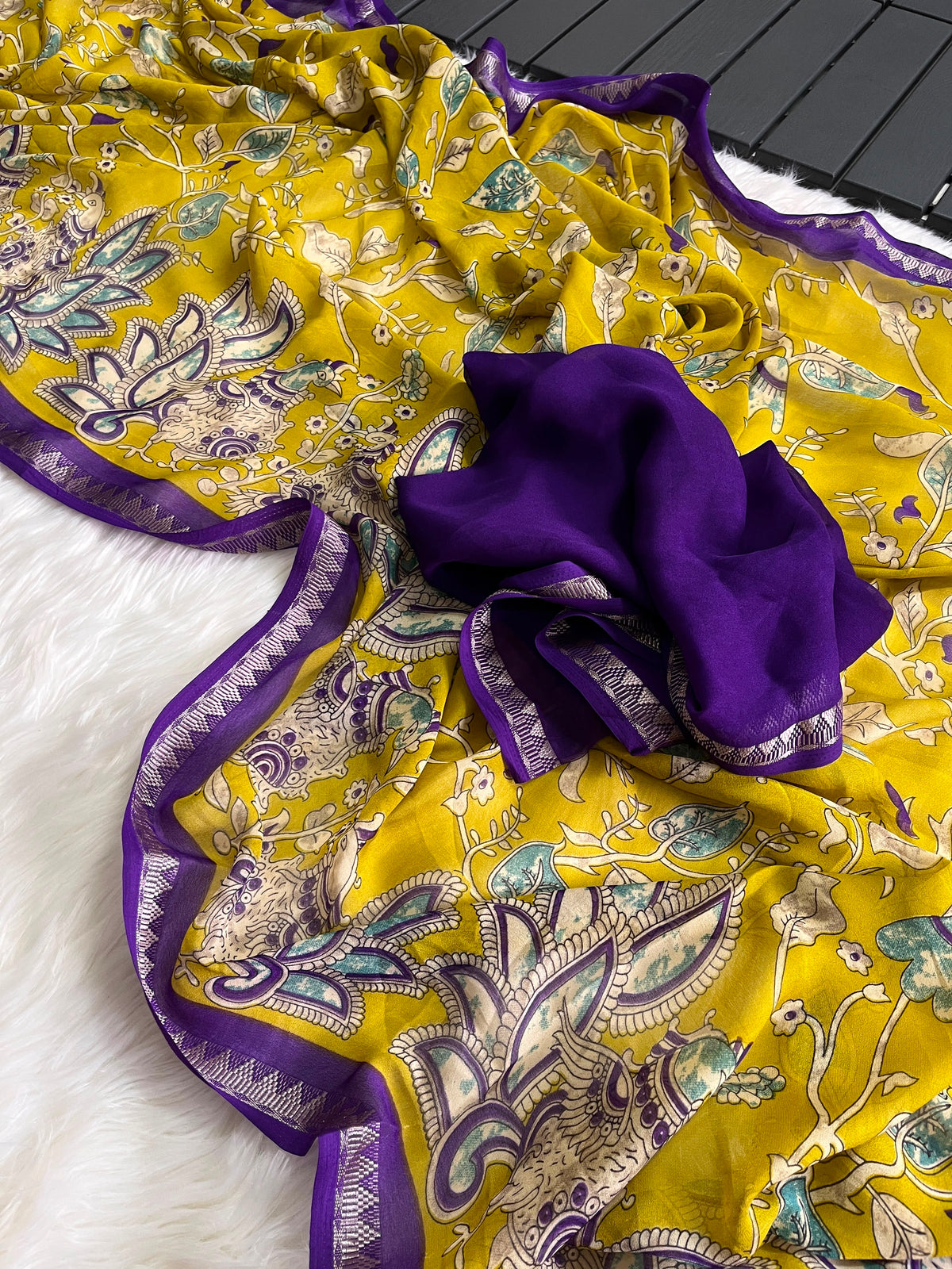 Kalamkari soft silk saree with unique combination unstitched blouse
