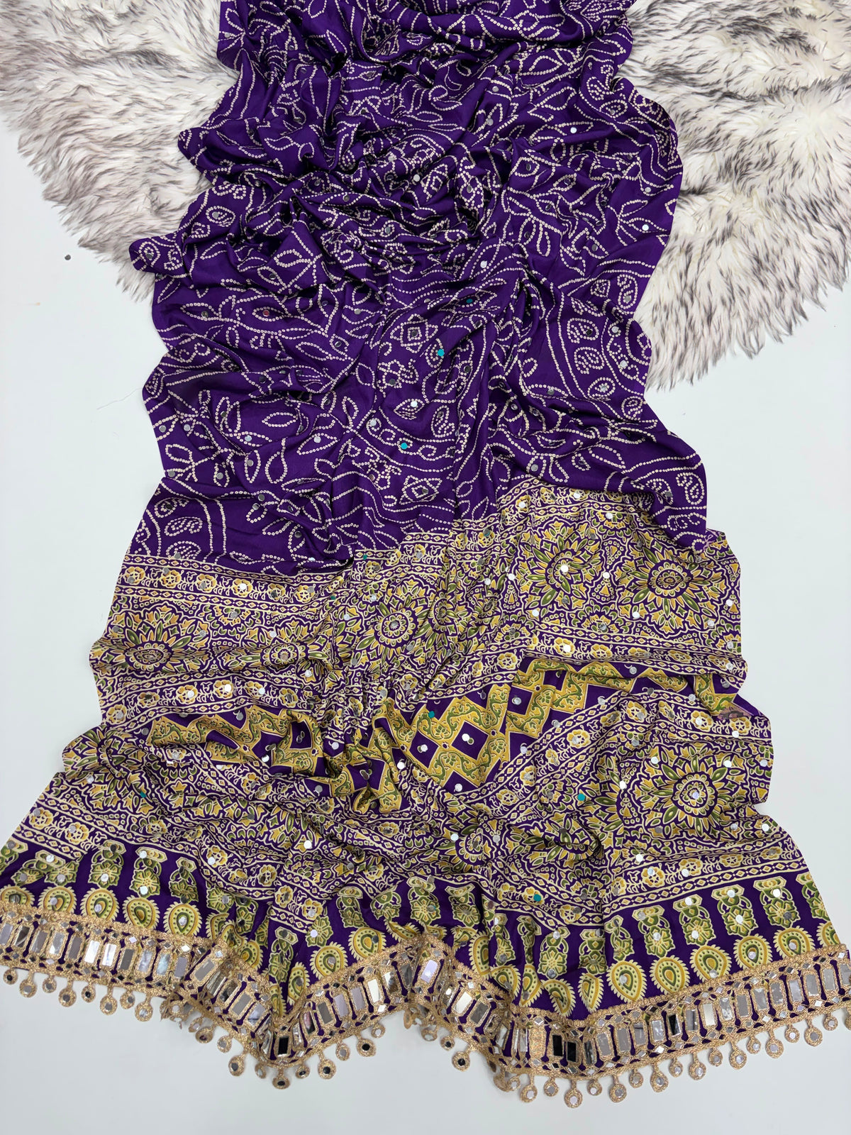 Fancy bandini ajrakh silk sarees with mirrors allover