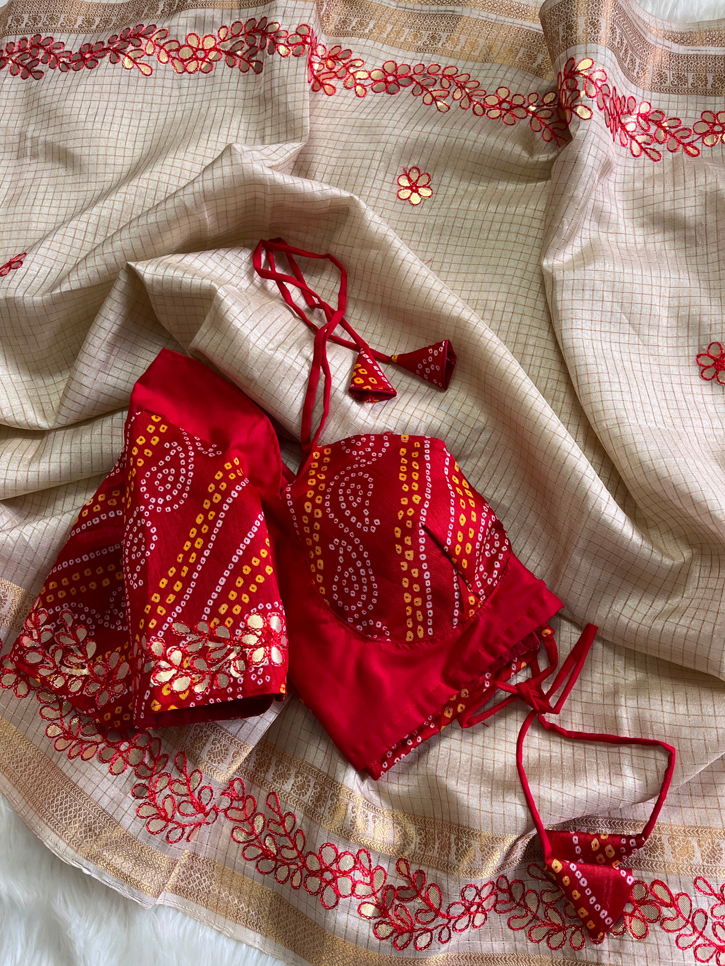 Exclusive fancy tissue checkered silk saree with gottawork and fully stitched blouse ! Dispatch time 5-7 days