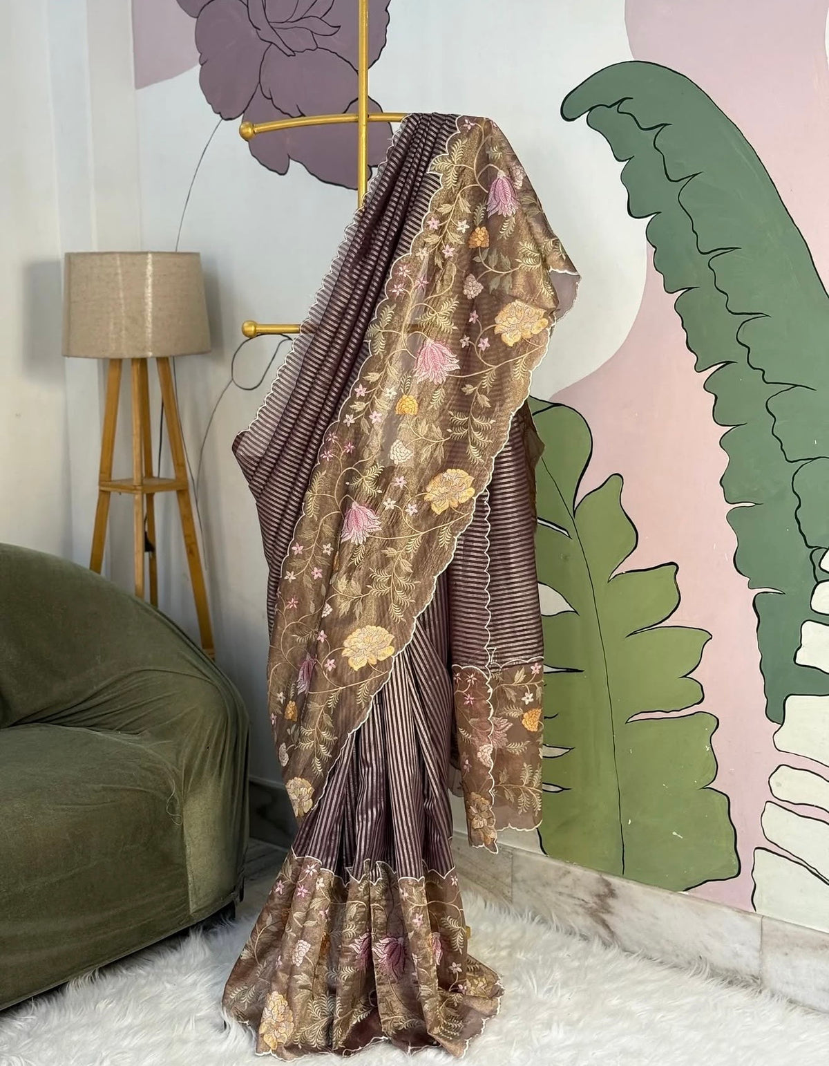 Exclusive banaras tissue stripes sarees with applique scalloped embroidery