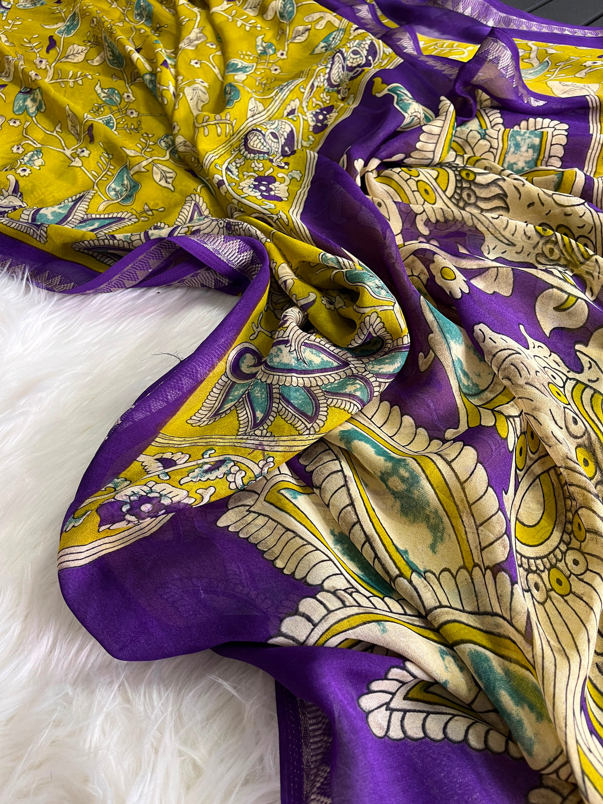 Kalamkari soft silk saree with unique combination unstitched blouse