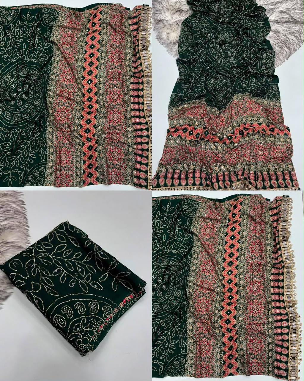Fancy bandini ajrakh silk sarees with mirrors allover