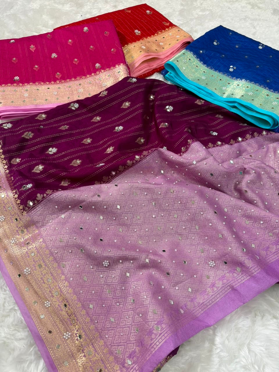 Vintage banaras soft silk sarees with pearl and mirrors designing