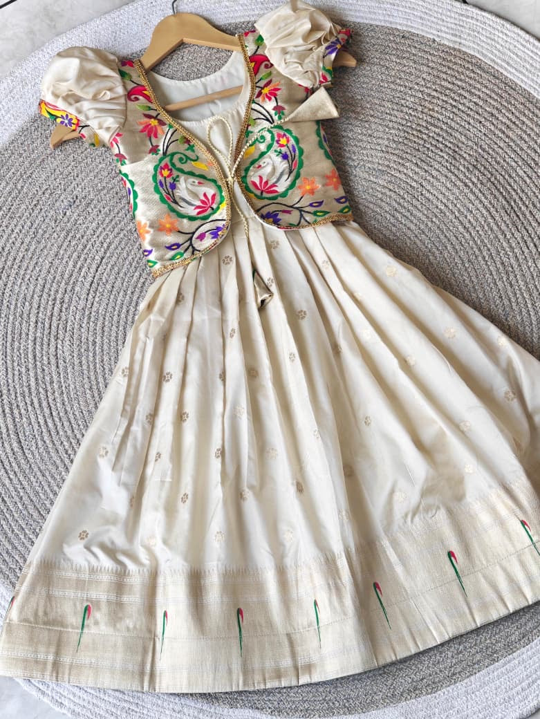 Kids fully stitched fancy paithani soft silk dresses with jacket  (1-16 years)
