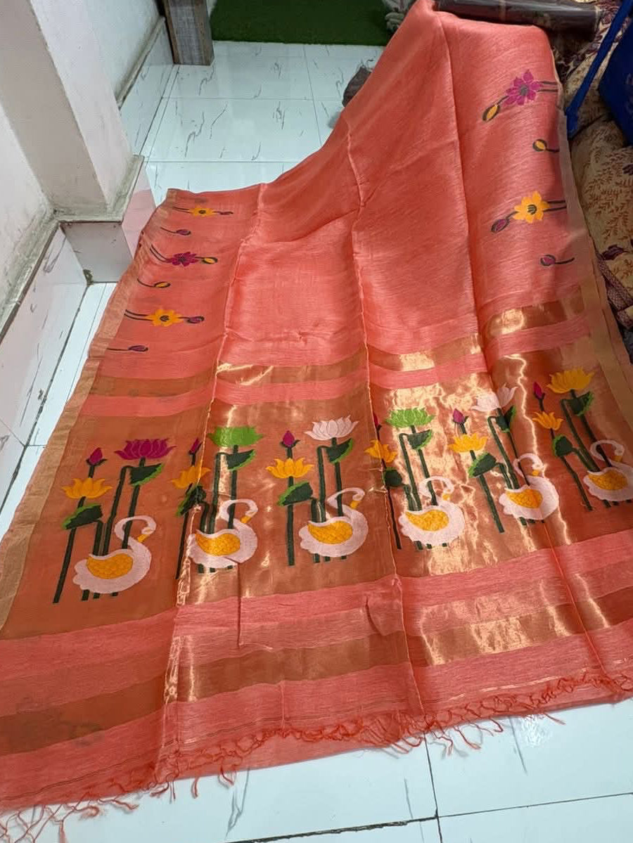 Handloom pure linen silk jamdani sarees