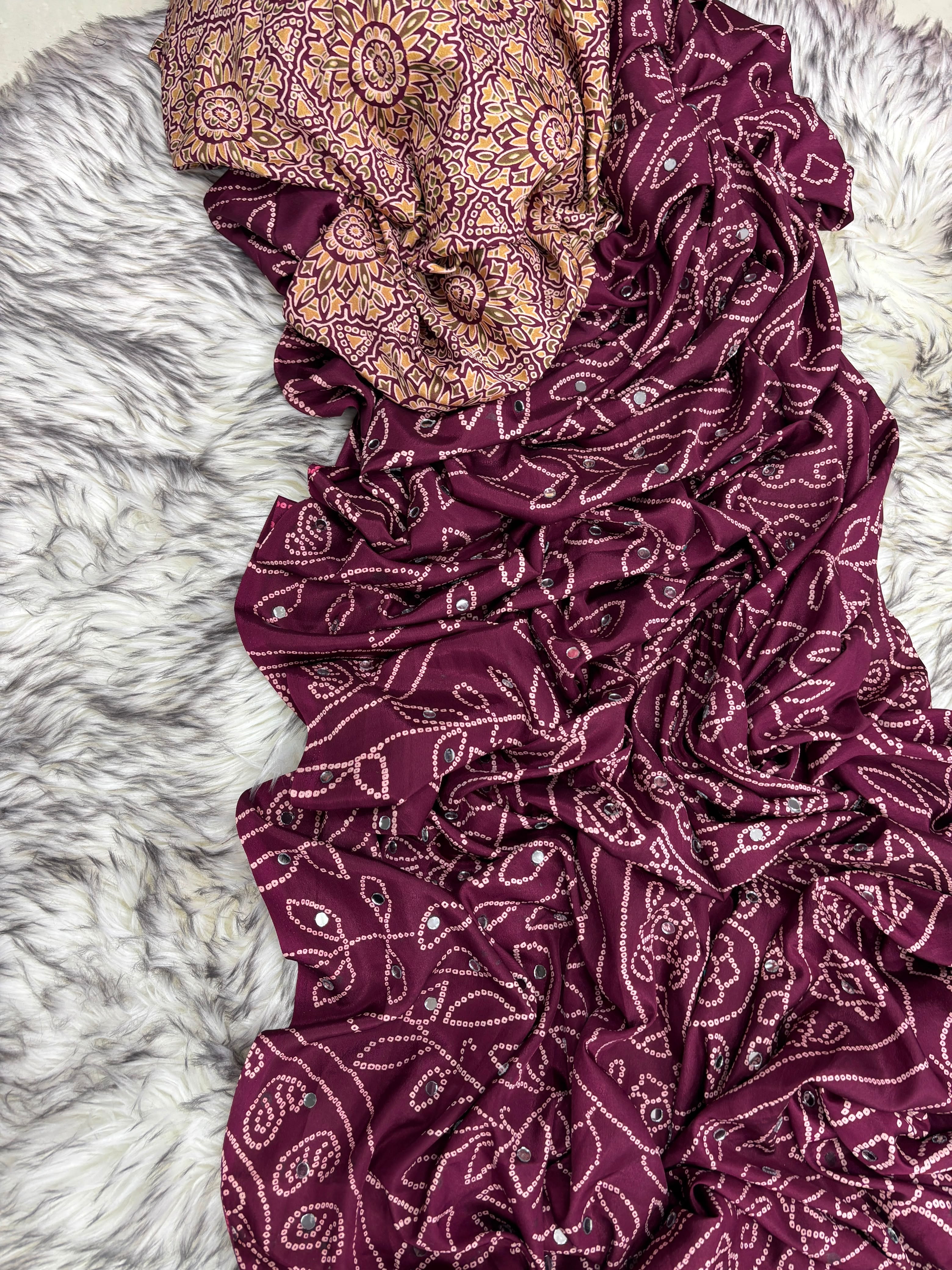 Fancy bandini ajrakh silk sarees with mirrors allover
