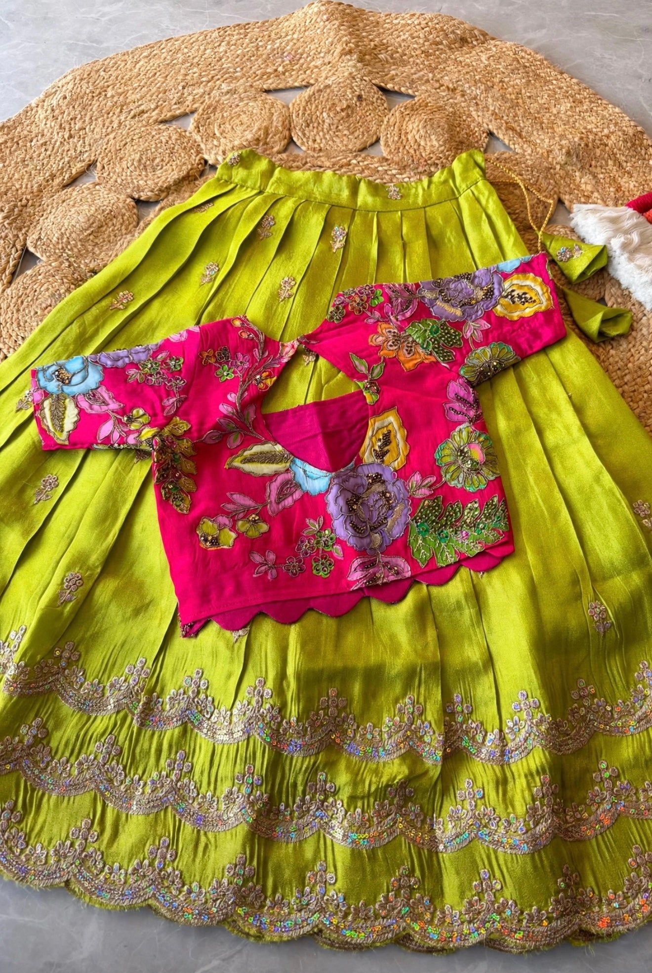 Kids fully stitched tissue silk lehangas with scalloped embroidery and designer blouse (1-16 years )