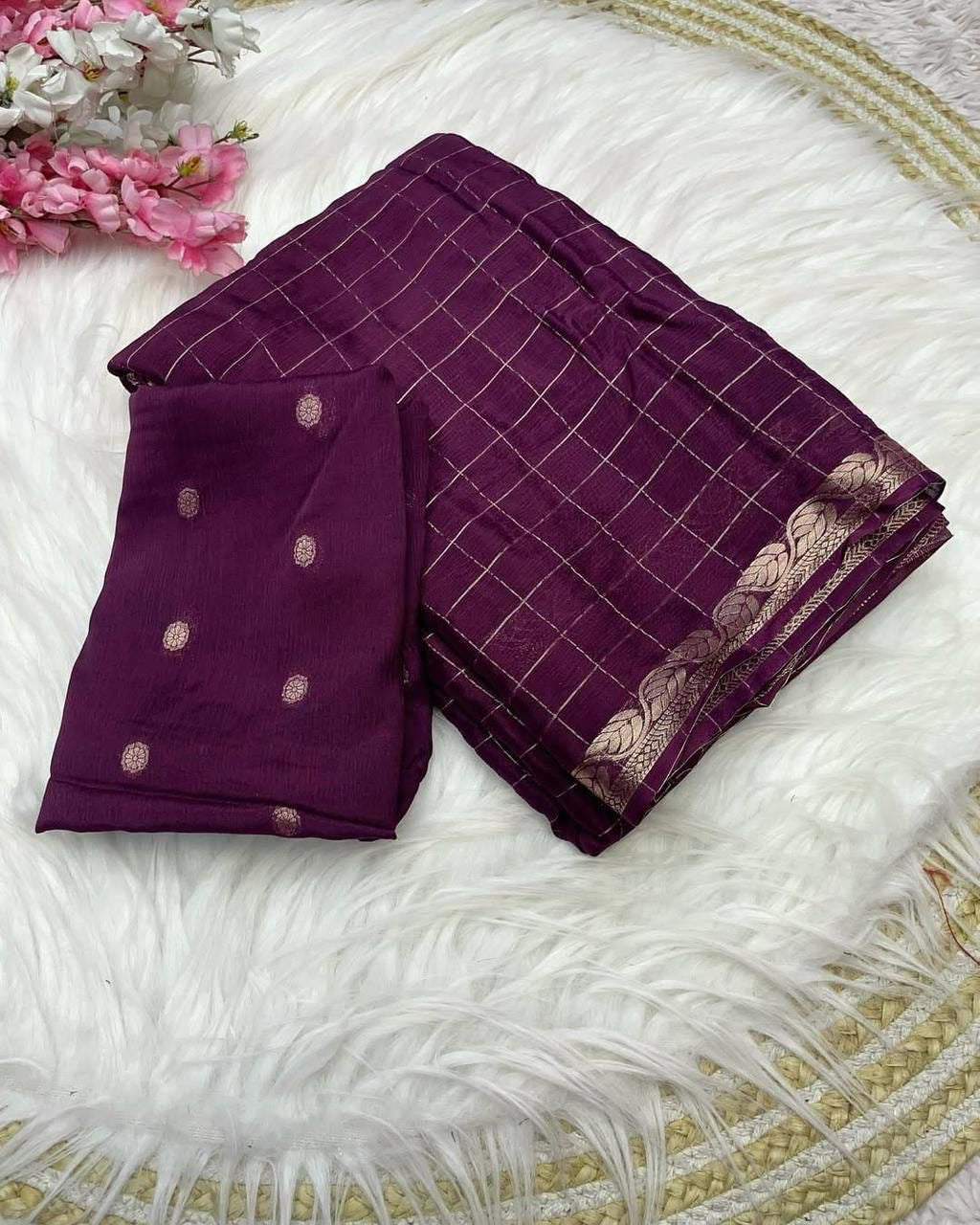 Chinnon sarees with checkered weaving and rich blouse