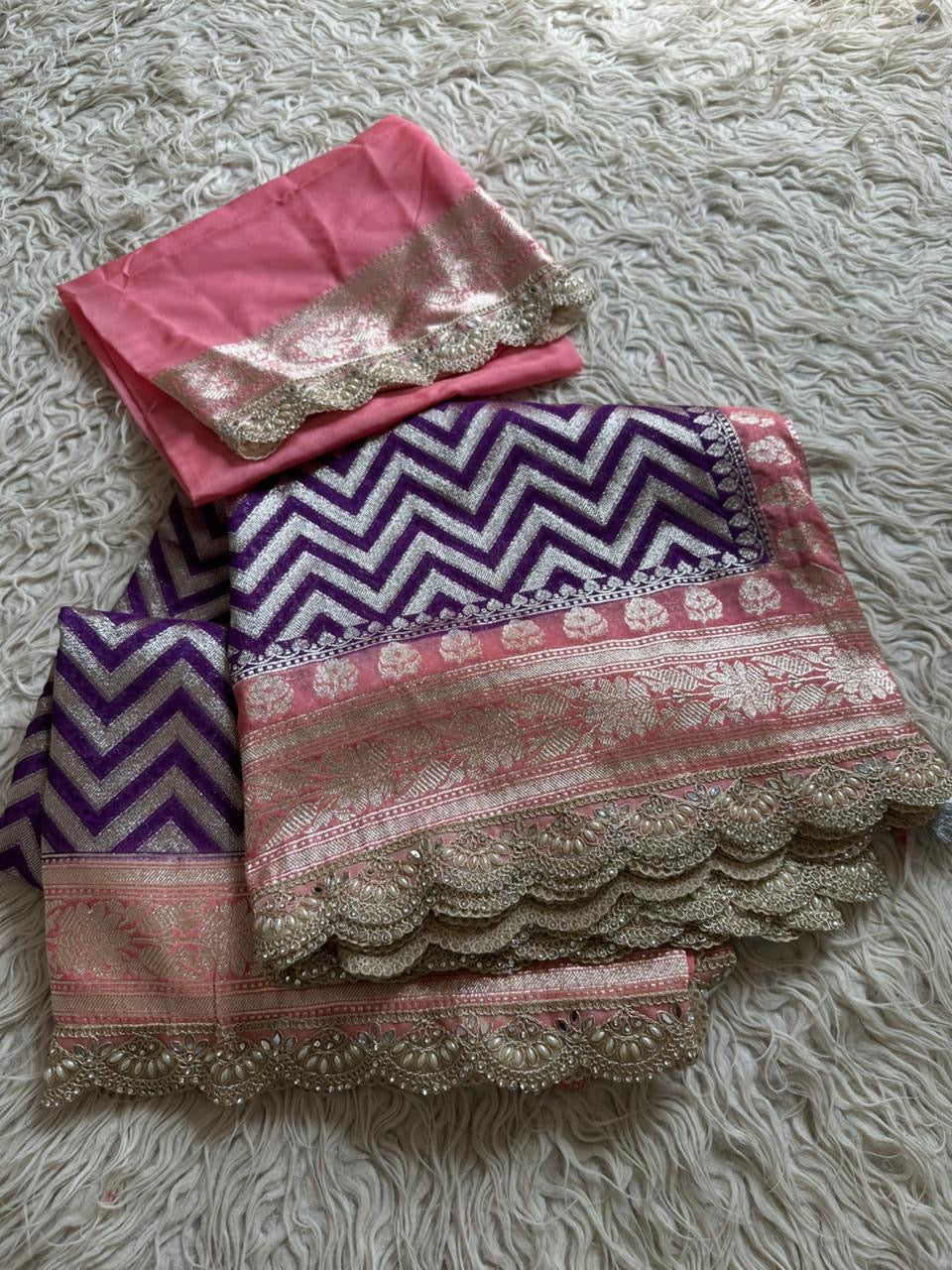 Banaras georgette silk saree with allover weaving and scalloped borders