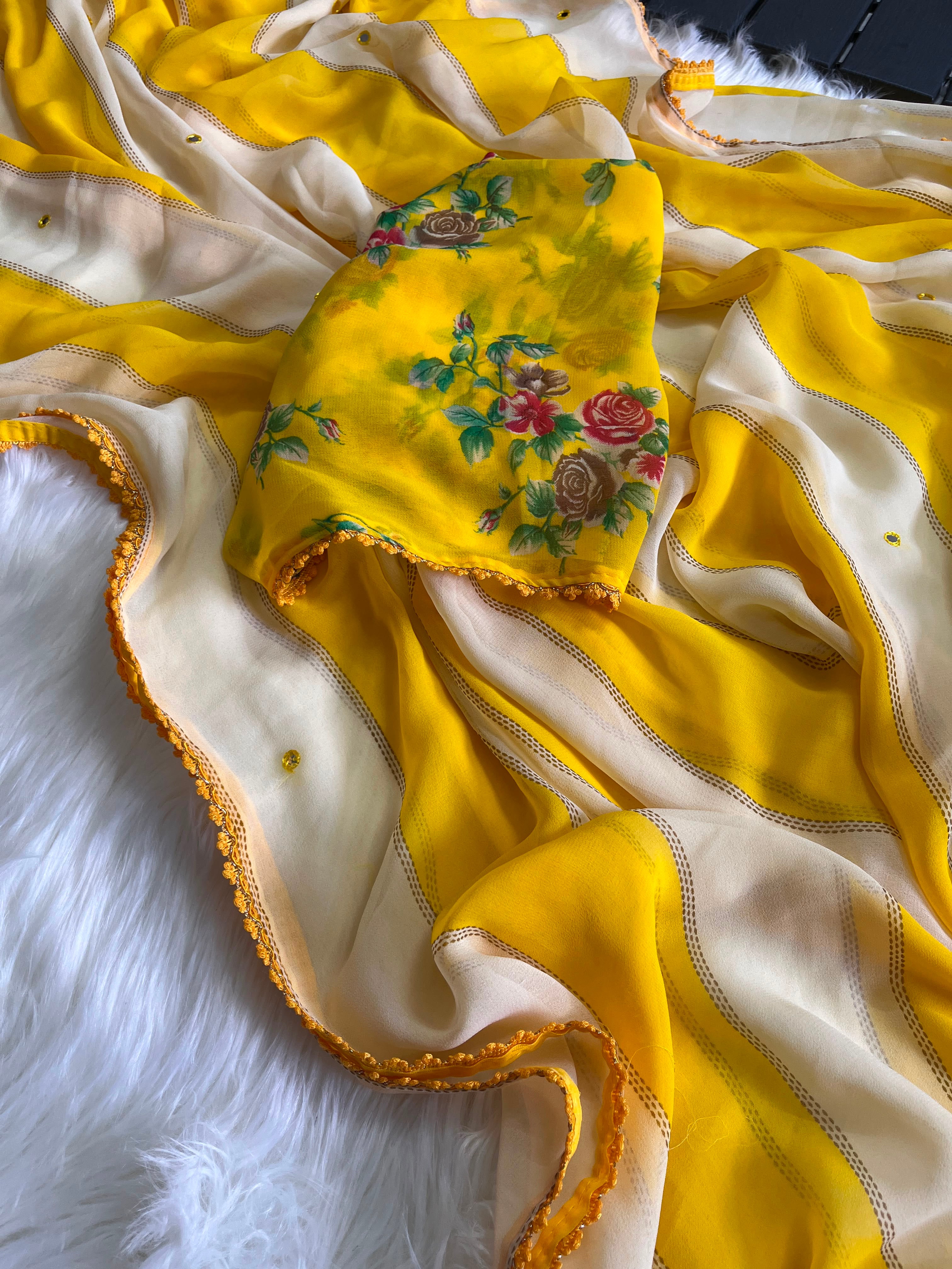 Georgette mirror work saree with floral blouse