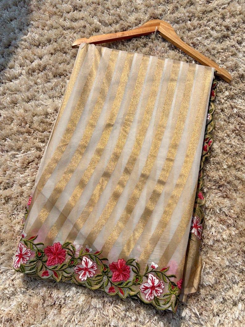 Banaras stripes sarees with scalloped embroidery