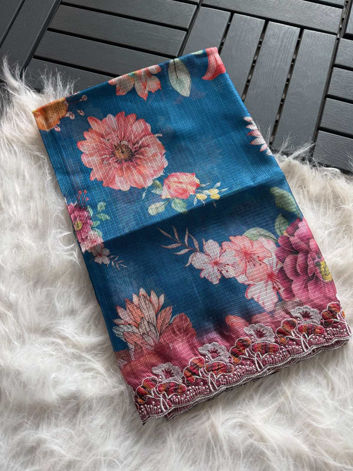 Floral kota sarees with scalloped intricate embroidery and unstitched blouse