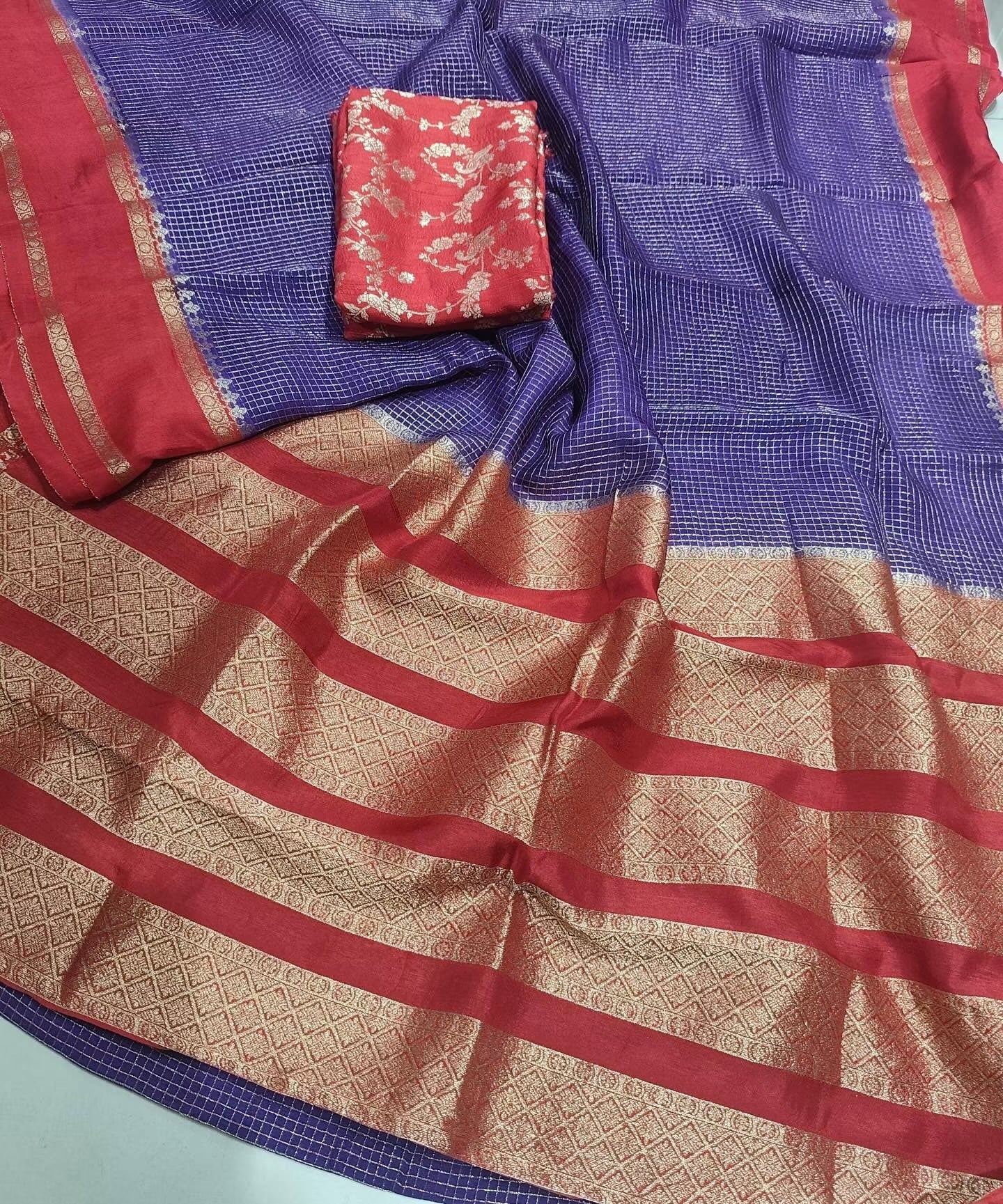 Exclusive banaras crepe silk sarees with checkered weaving gap borders and rich unstitched banaras blouse