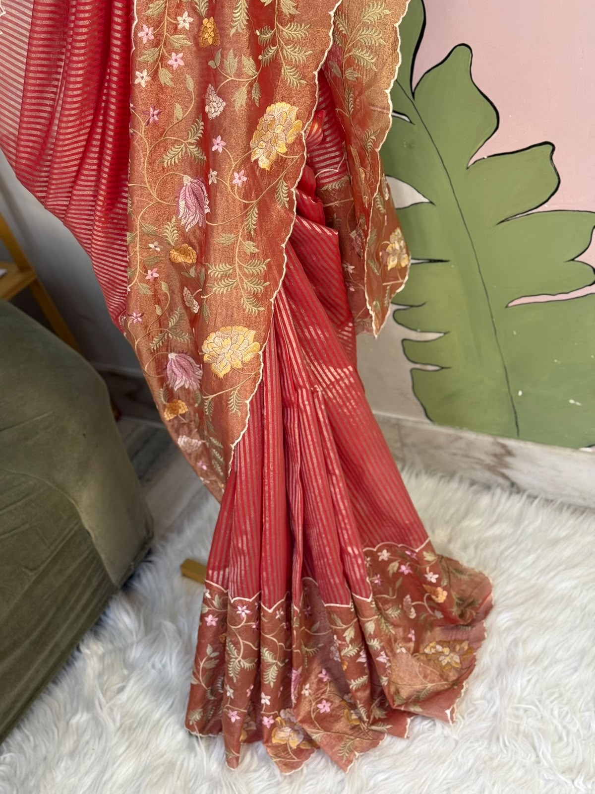 Banaras kora stripes saree with tissue borders and rich embroidery unstitched blouse