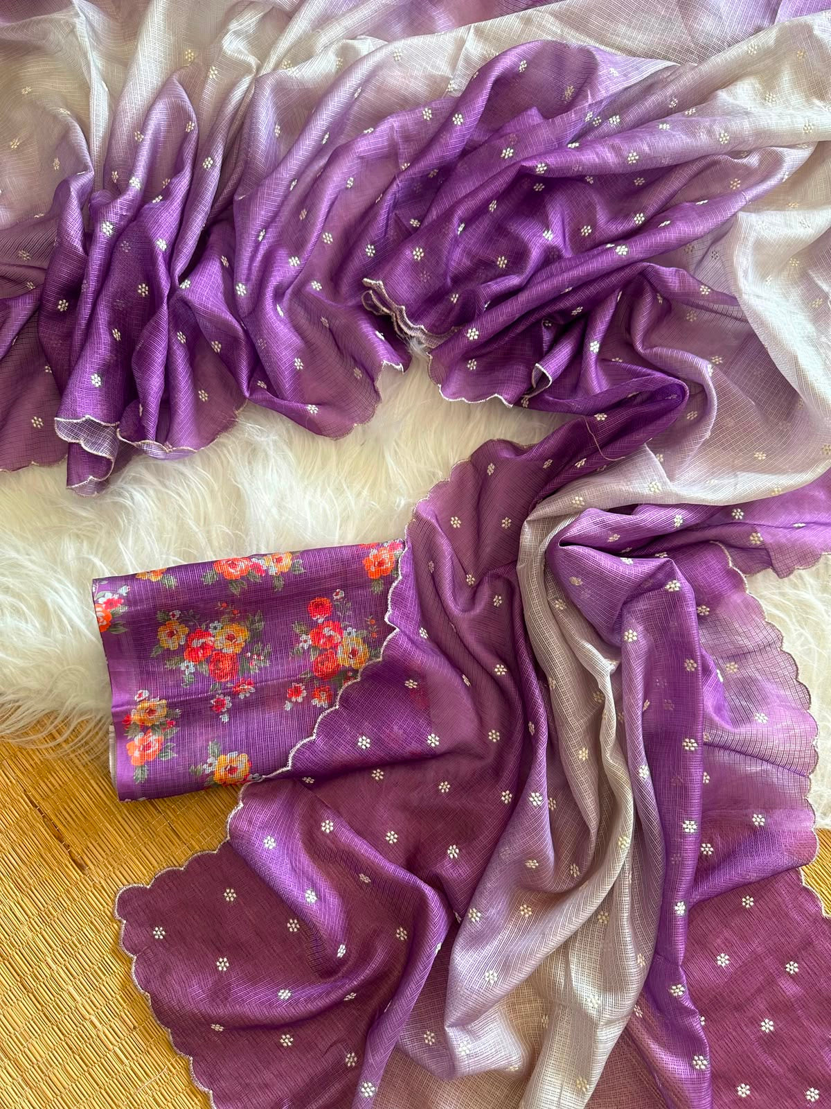 Shaded kota sarees with floral blouse scalloped borders