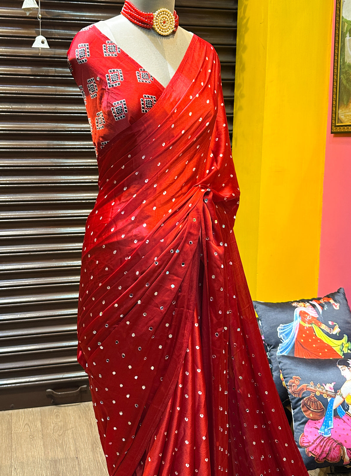 Fancy ajrakh silk sarees with mirrors allover