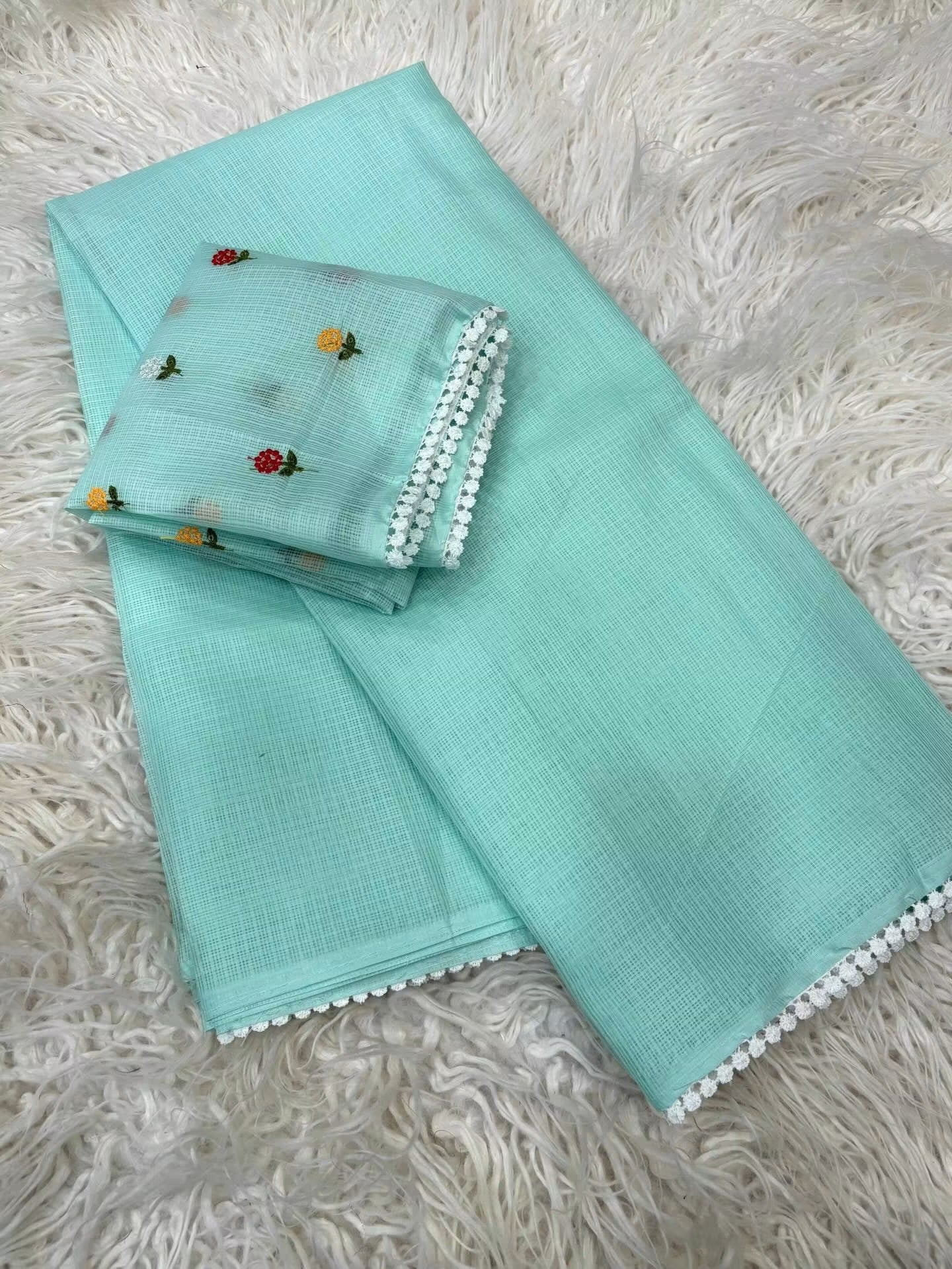 Kota sarees with beautiful scalloped crochet edging and rich embroidery blouse