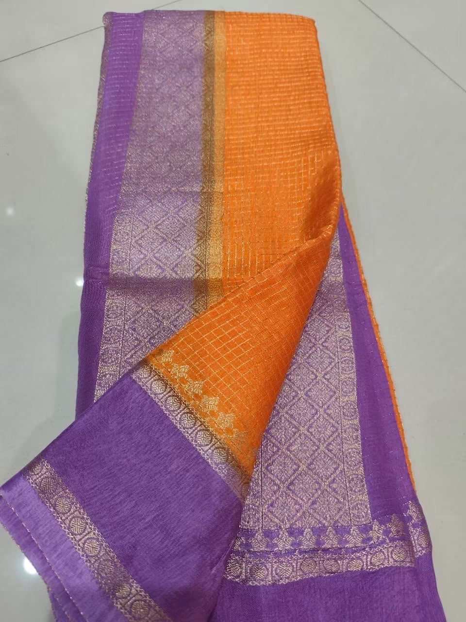 Exclusive banaras crepe silk sarees with checkered weaving gap borders and rich unstitched banaras blouse