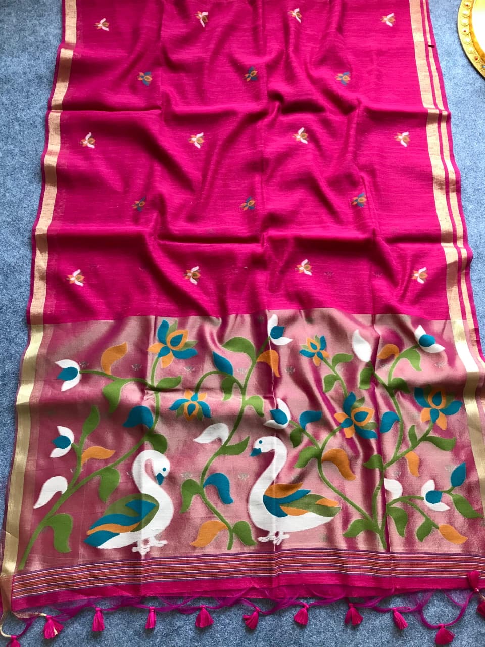 Fancy linen jamdani silk sarees with paithani pallu