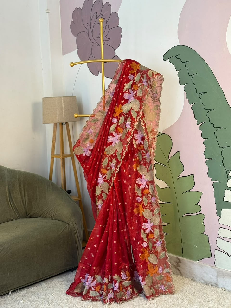 Banaras tissue silk sarees with scalloped applique embroidery