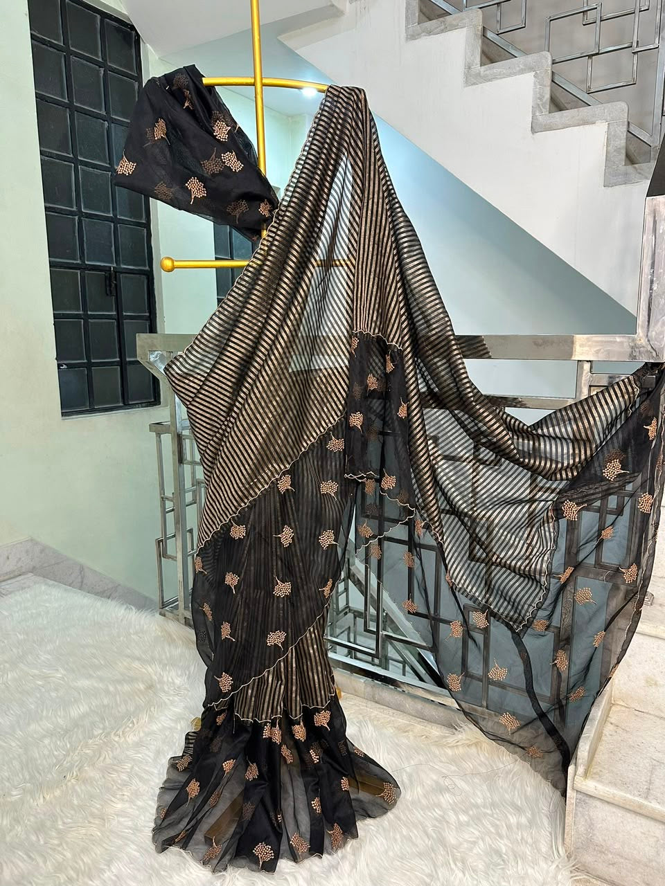 Exclusive banaras tissue stripes sarees with applique scalloped embroidery
