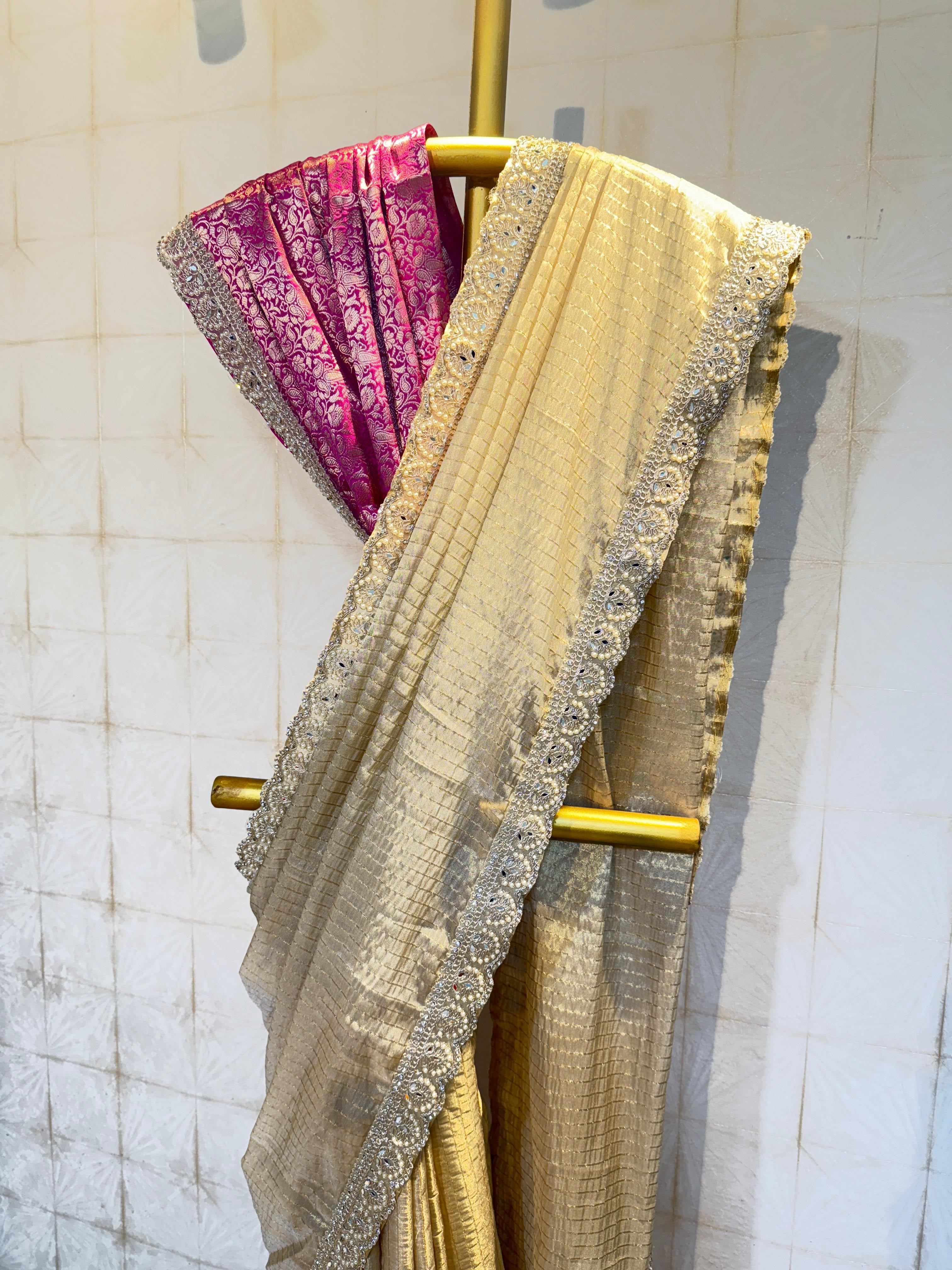 Designer banaras checkered tissue silk saree with rich scalloped borders and banaras blouse