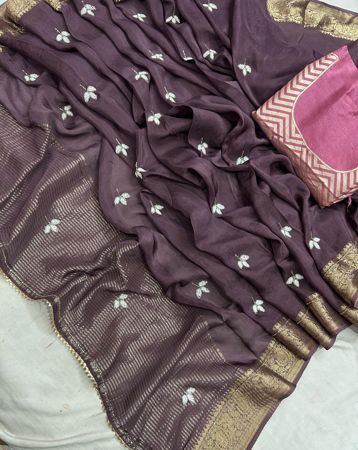 Banaras crepe silk sarees with handwork and rich blouse