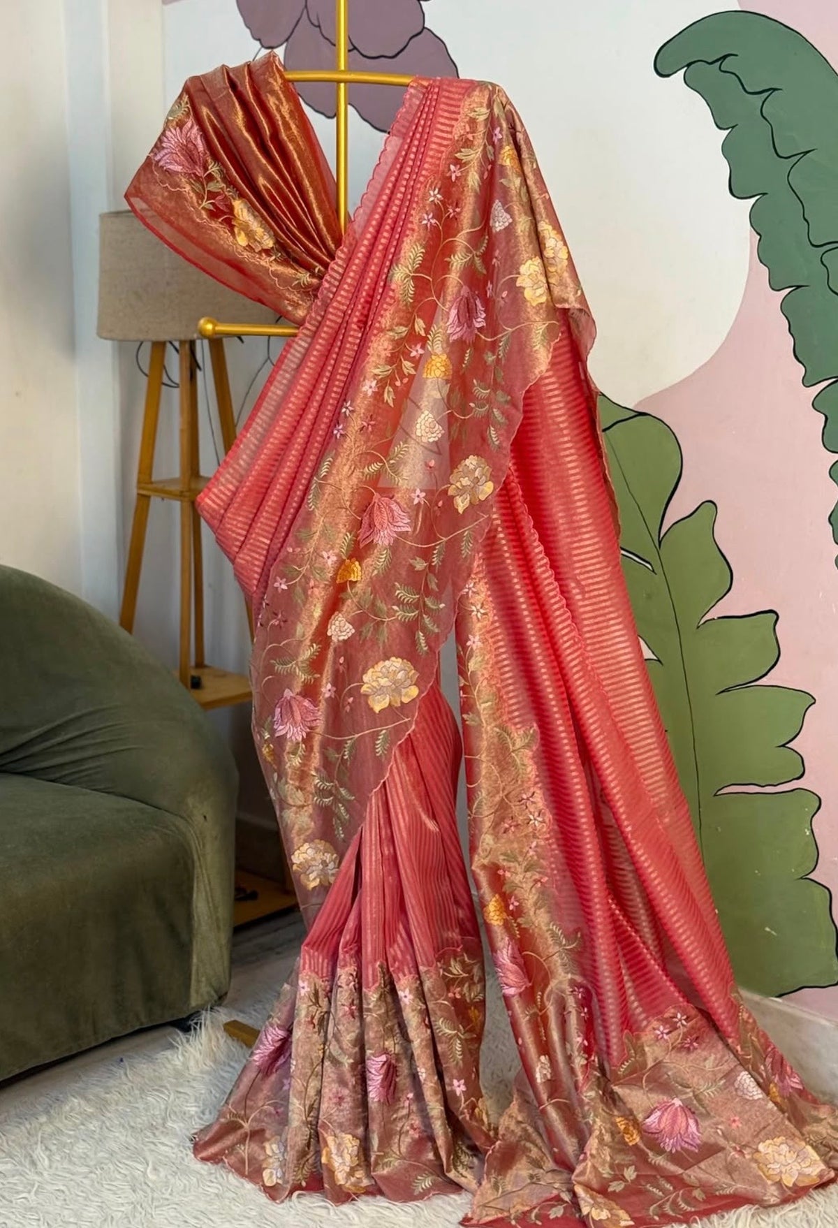 Exclusive banaras tissue stripes sarees with applique scalloped embroidery