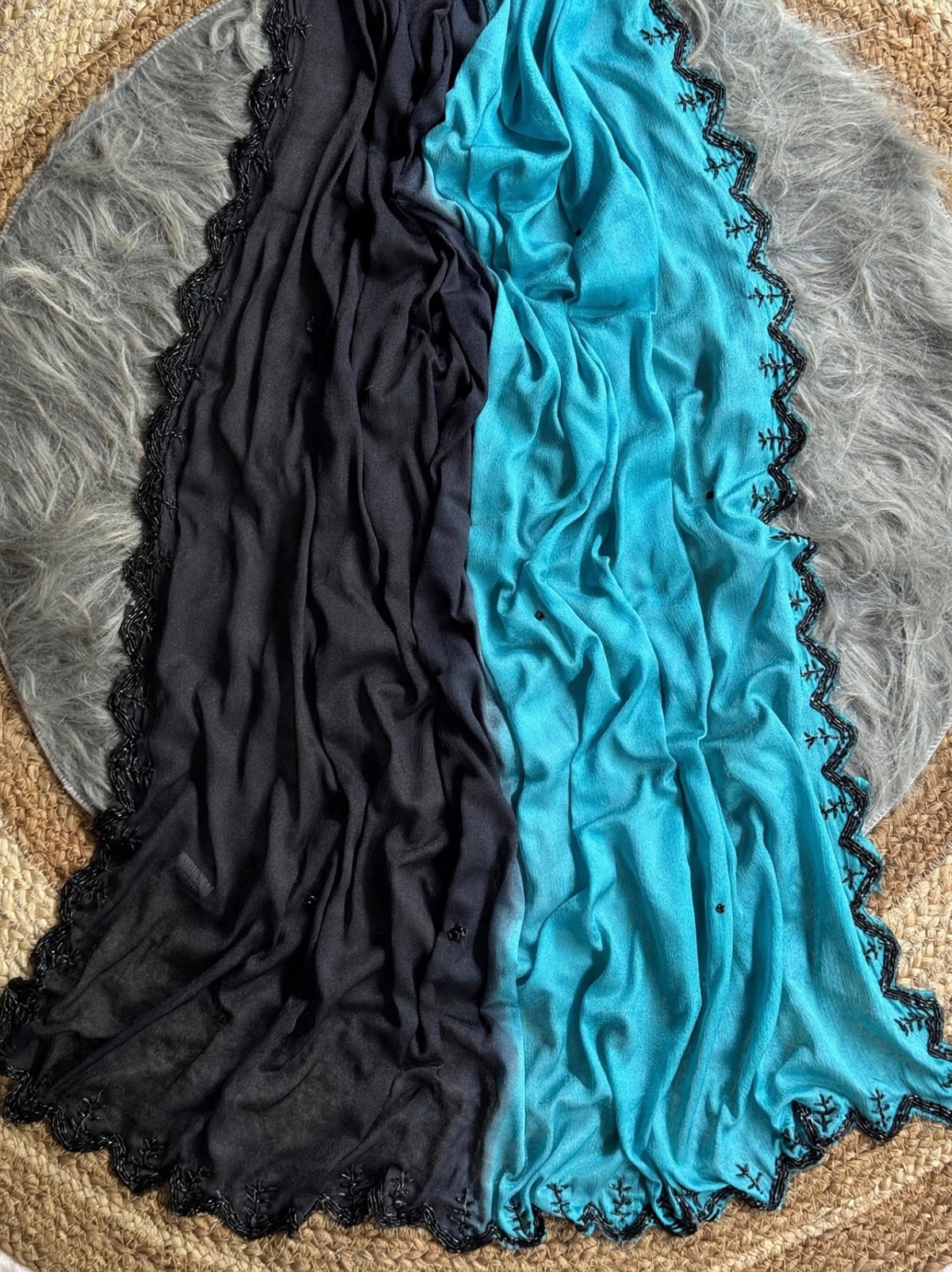 Shaded chinnon sarees with scalloped handwork borders and rich blouse handwork