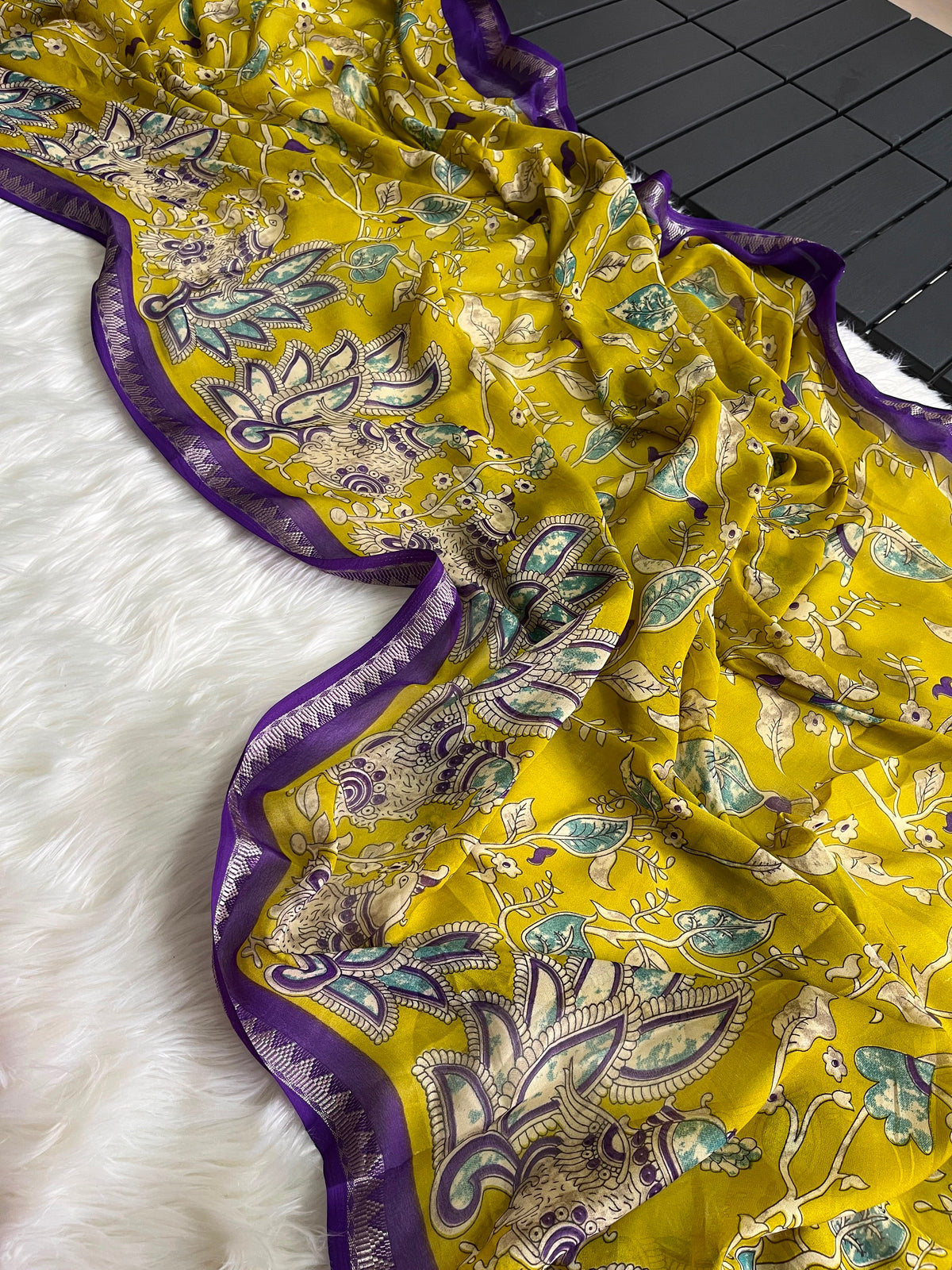 Kalamkari soft silk saree with unique combination unstitched blouse